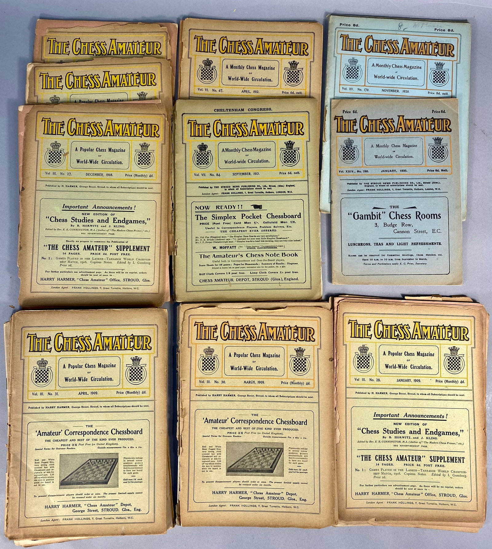 The Chess Amateur Monthly Periodicals, 1908-1930: This lot consists of approximately 12 full issues and various supplemental fragments of The Chess Amateur: A Monthly Chess Magazine of World-wide Circulation. Published in Stroud, Gloucestershire,