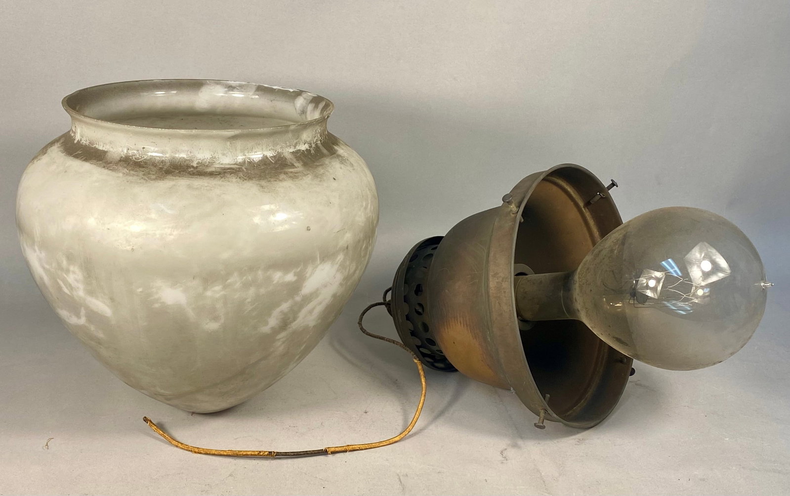 Large Early 20th Century Industrial Schoolhouse Pendant Light with Marbled Glass Shade and: A large scale industrial schoolhouse style hanging pendant light fixture dating to the early 20th century. The fixture features a prominent acorn shaped shade crafted from marbled clambroth glass