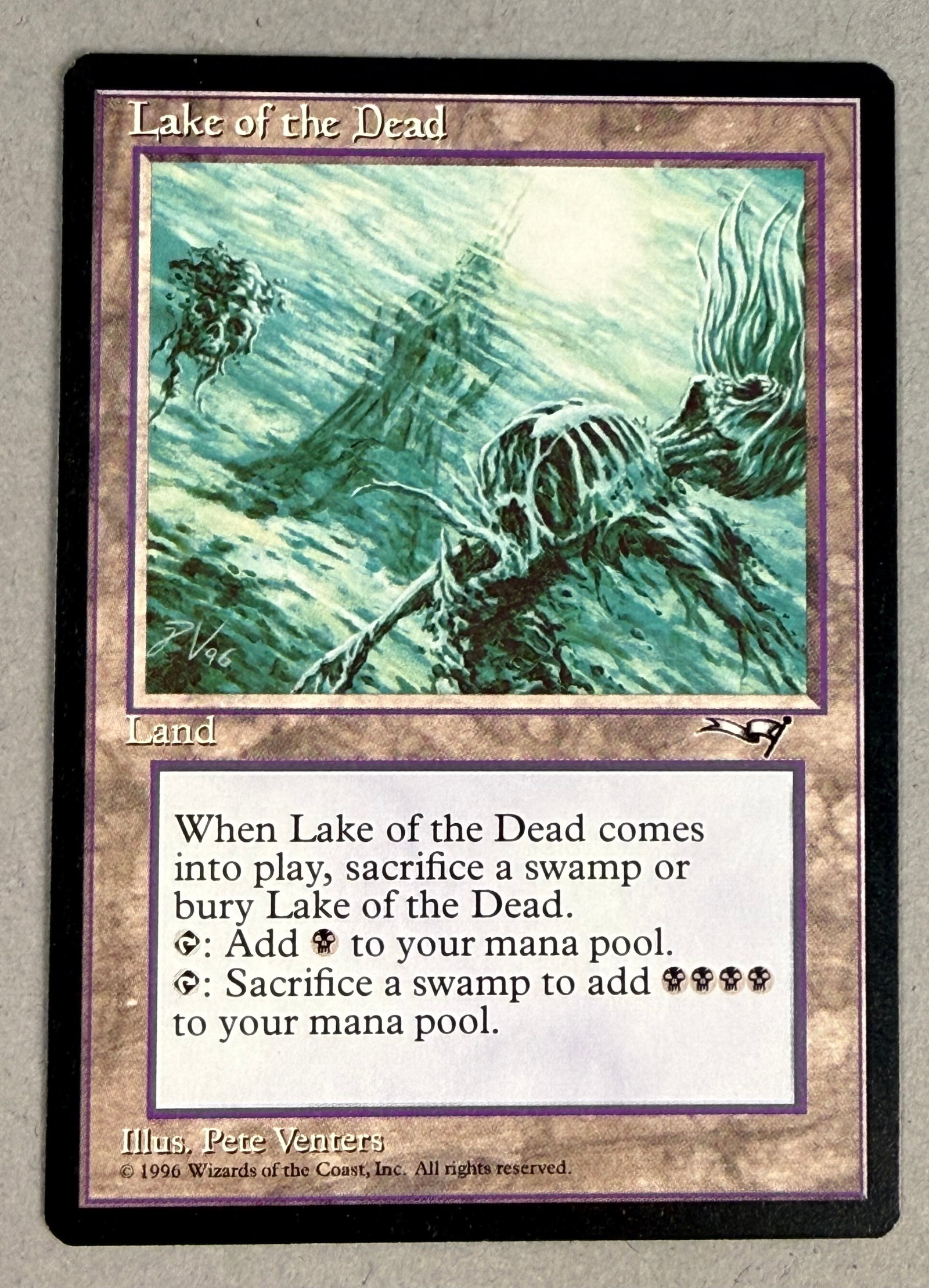 Magic The Gathering Lake of the Dead Alliances: This is a single Magic: The Gathering (MTG) trading card titled Lake of the Dead from the Alliances expansion set, released in 1996. The bottom right includes the artist credit and the copyright