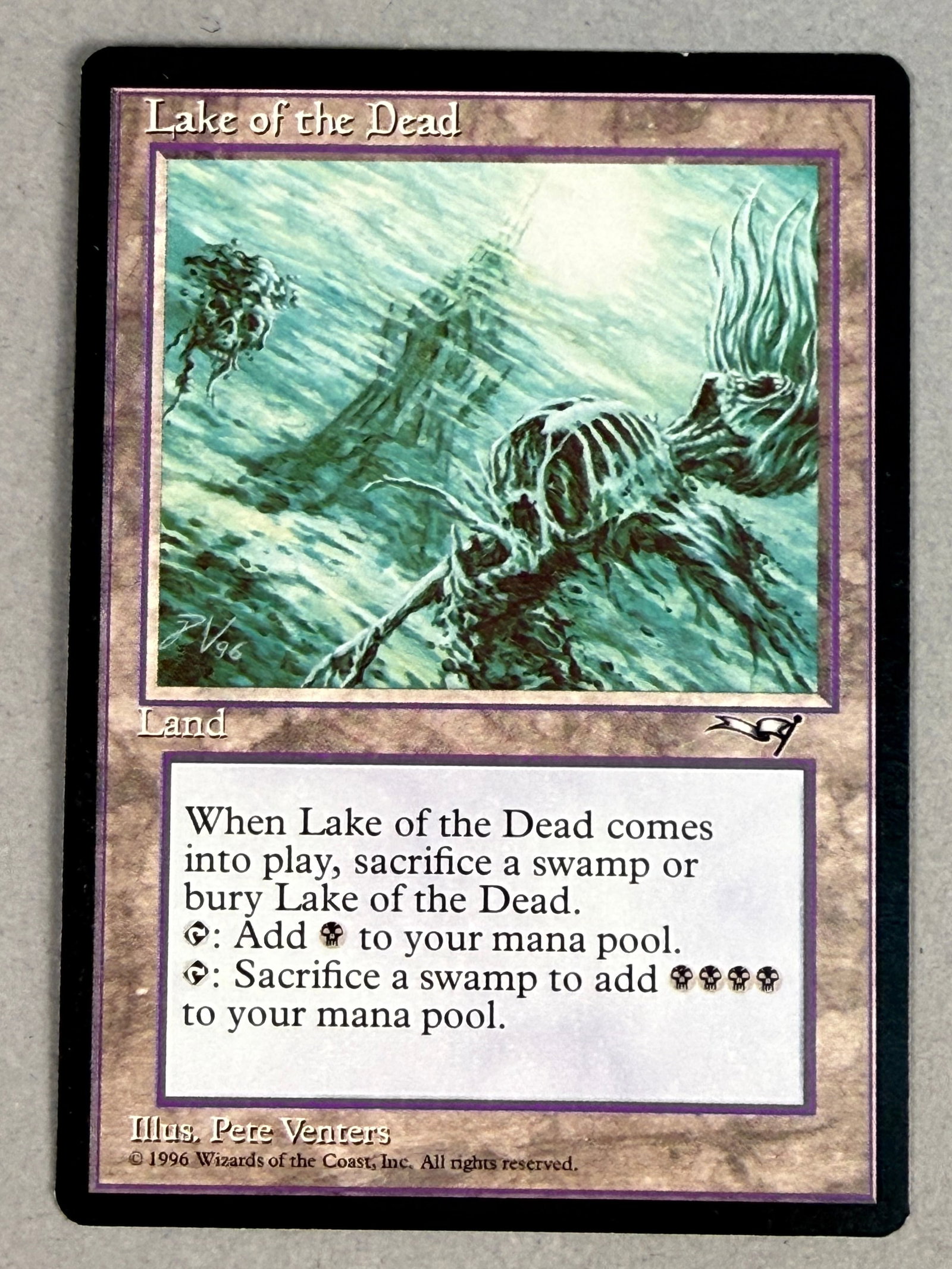 Magic The Gathering Alliances Lake of the Dead: This is an authentic Magic: The Gathering collectible card from the Alliances expansion set, released in 1996 by Wizards of the Coast. The card is titled Lake of the Dead and is classified as a Rare