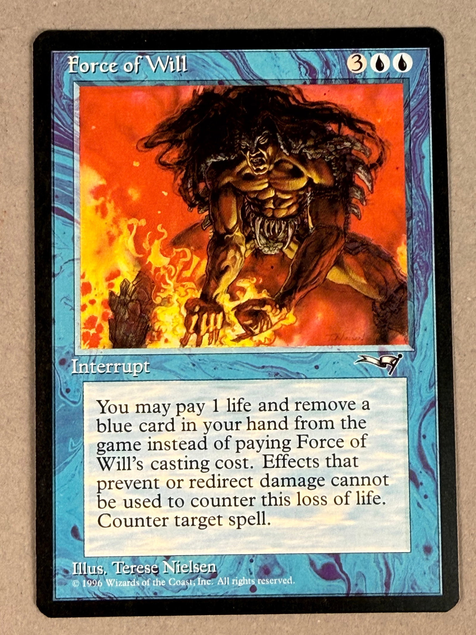 Magic The Gathering Force of Will Alliances: This is a Magic: The Gathering trading card, Force of Will, from the Alliances expansion. The bottom border includes the artist credit and copyright information for Wizards of the Coast, Inc. dated