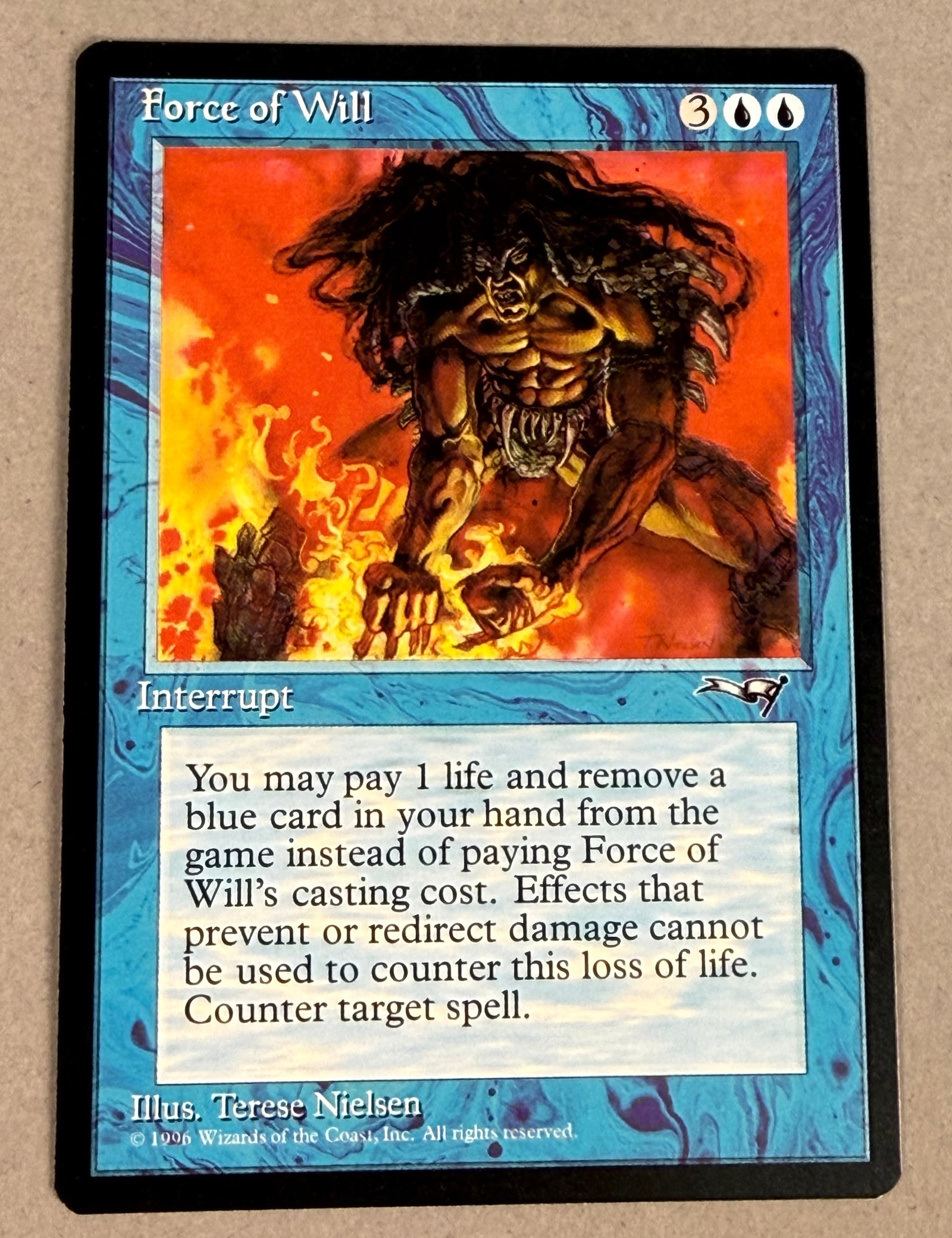 Magic The Gathering Force of Will Alliances: This is a single Magic: The Gathering trading card: Force of Will from the Alliances expansion set released in 1996. The copyright information at the bottom reads 1996 Wizards of the Coast, Inc. All