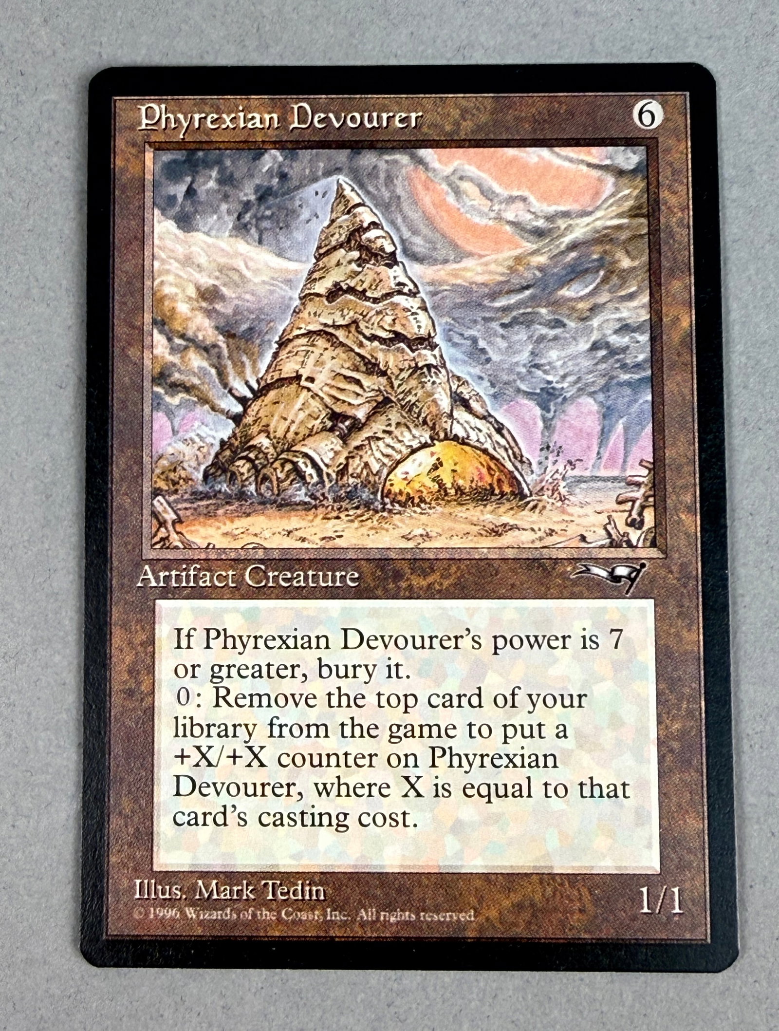 Magic The Gathering Alliances Phyrexian Devourer: This is a single Magic: The Gathering trading card titled Phyrexian Devourer from the Alliances expansion set, released in June 1996. The copyright information at the bottom reads 1996 Wizards of the