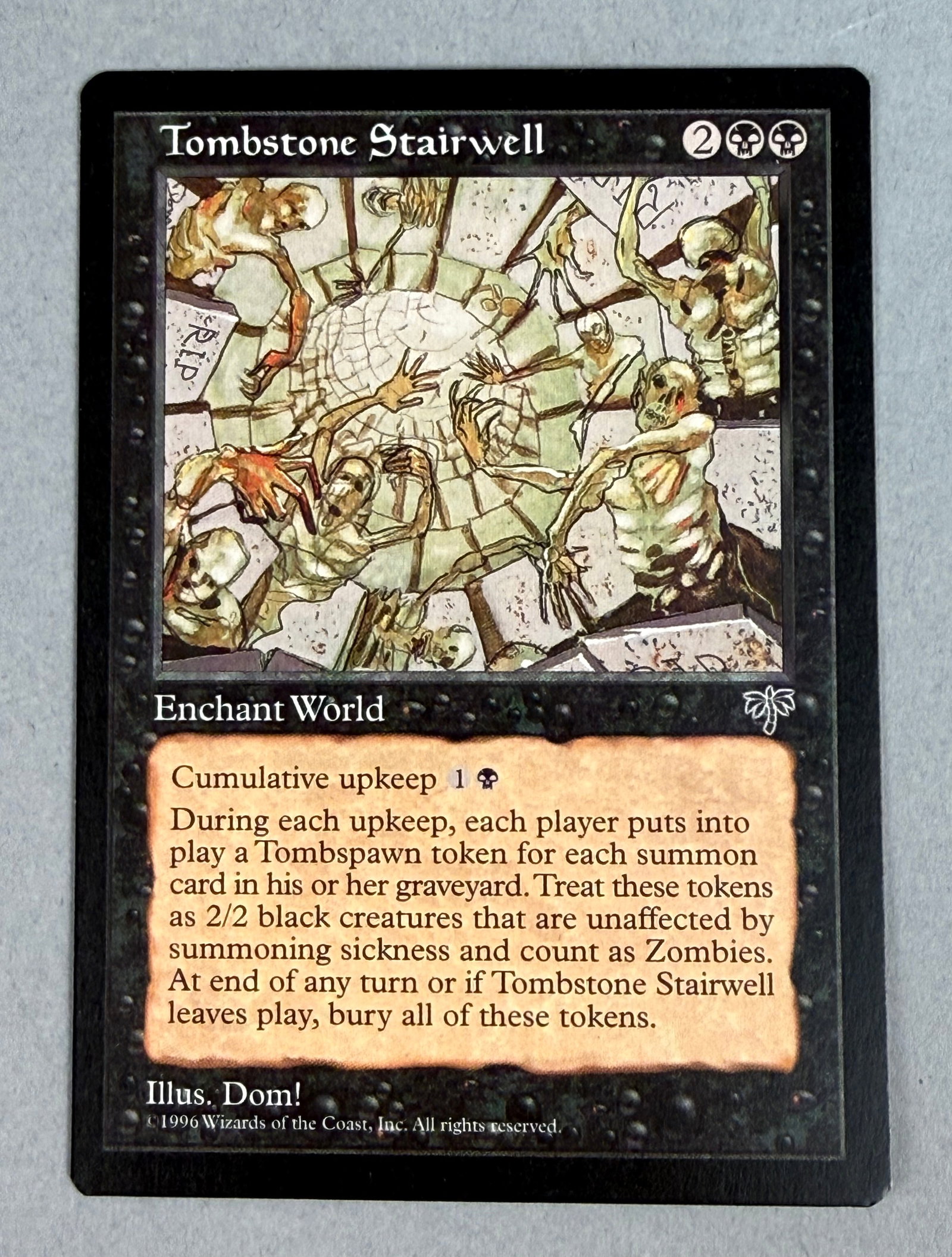 Magic The Gathering Tombstone Stairwell Mirage: This is an original Magic: The Gathering (MTG) trading card titled Tombstone Stairwell from the Mirage expansion, released in 1996. Measurements: 2.5 inches by 3.5 inches The card is in Lightly Played