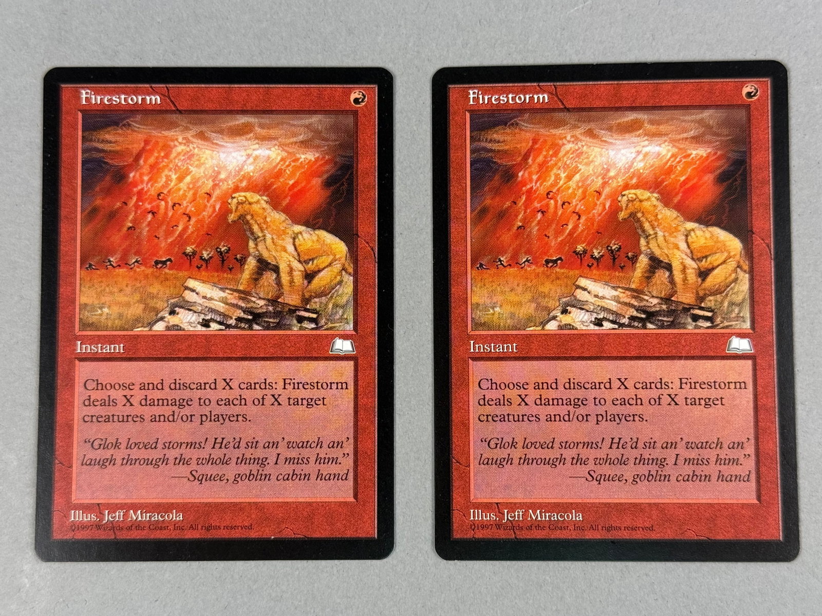 Magic: The Gathering Firestorm Cards Weatherlight: Firestorm, a rare red instant from the Weatherlight expansion released in 1997 by Wizards of the Coast. The bottom edge of each card bears the copyright line: Â© 1997 Wizards of the Coast, Inc. All