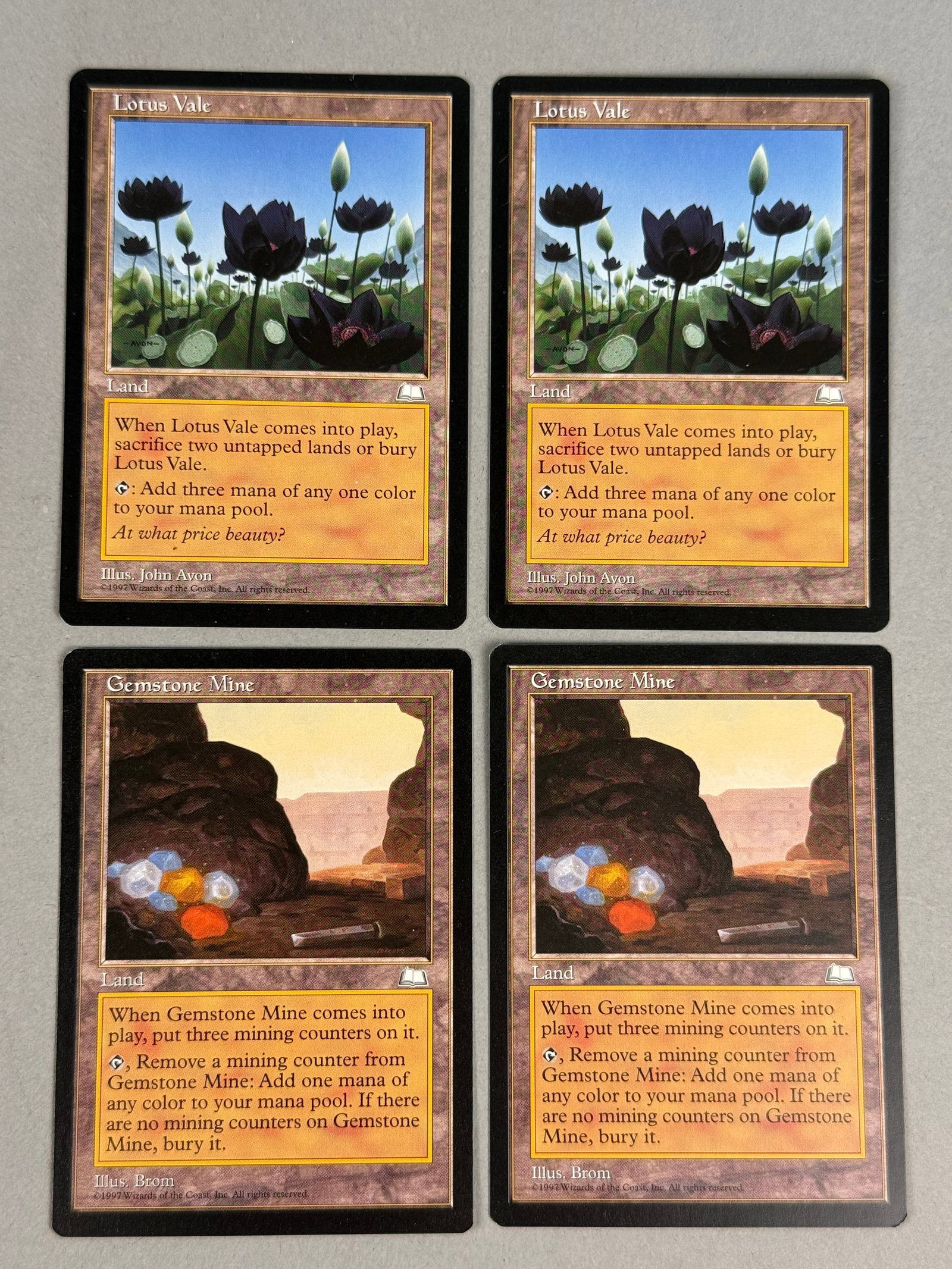 Magic The Gathering Lotus Vale Gemstone Mines Weatherlight: This lot consists of a group of original Magic: The Gathering trading cards from the Weatherlight expansion set, released in 1997. Two Lotus Vale cards and Two Gemstone Mine cards All cards display