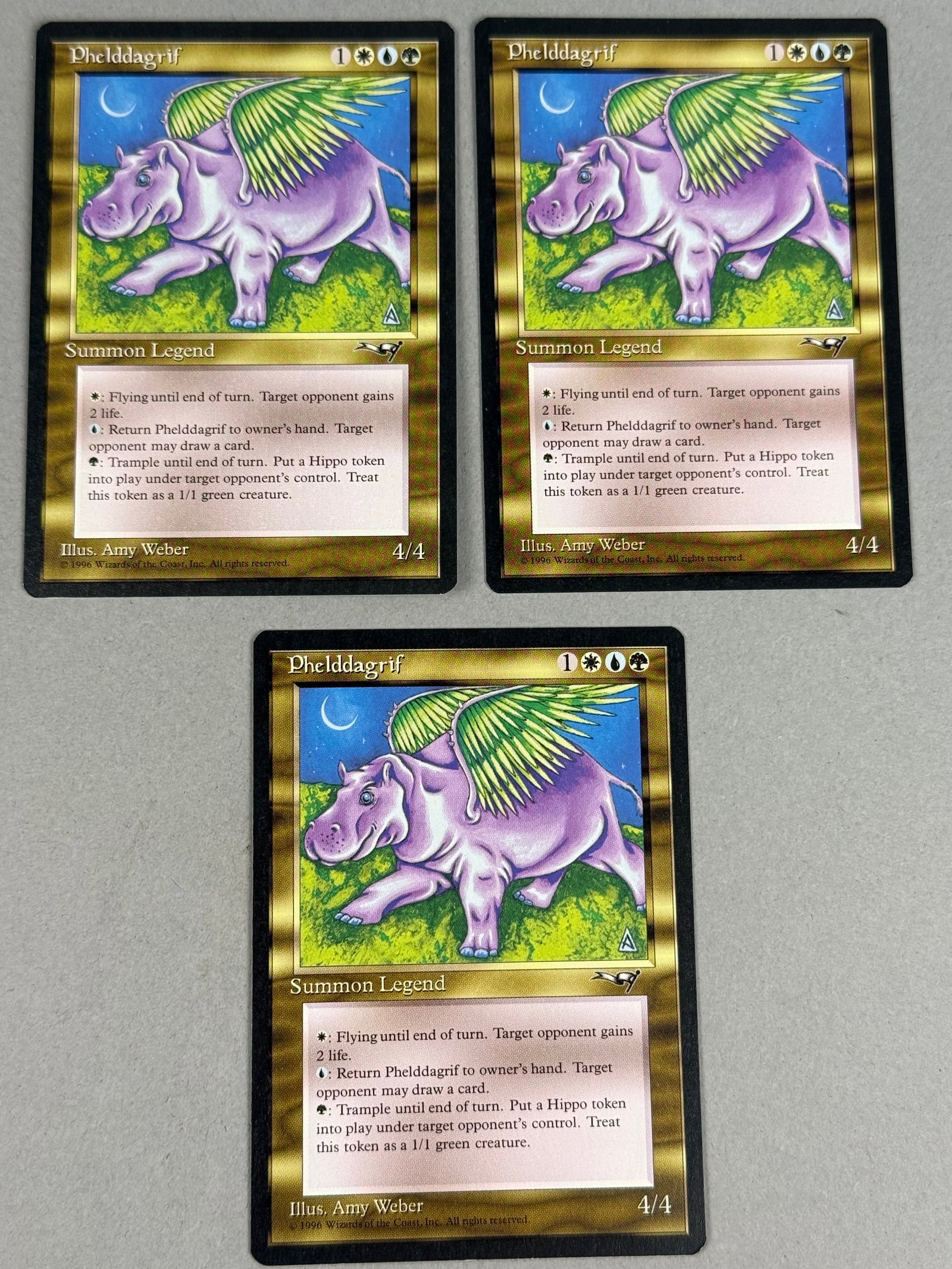3 Magic: The Gathering Alliances Phelddagrif: This lot features a collection of three Phelddagrif cards from the Alliances expansion of Magic: The Gathering, originally released in 1996. carries the copyright text: Â© 1996 Wizards of the