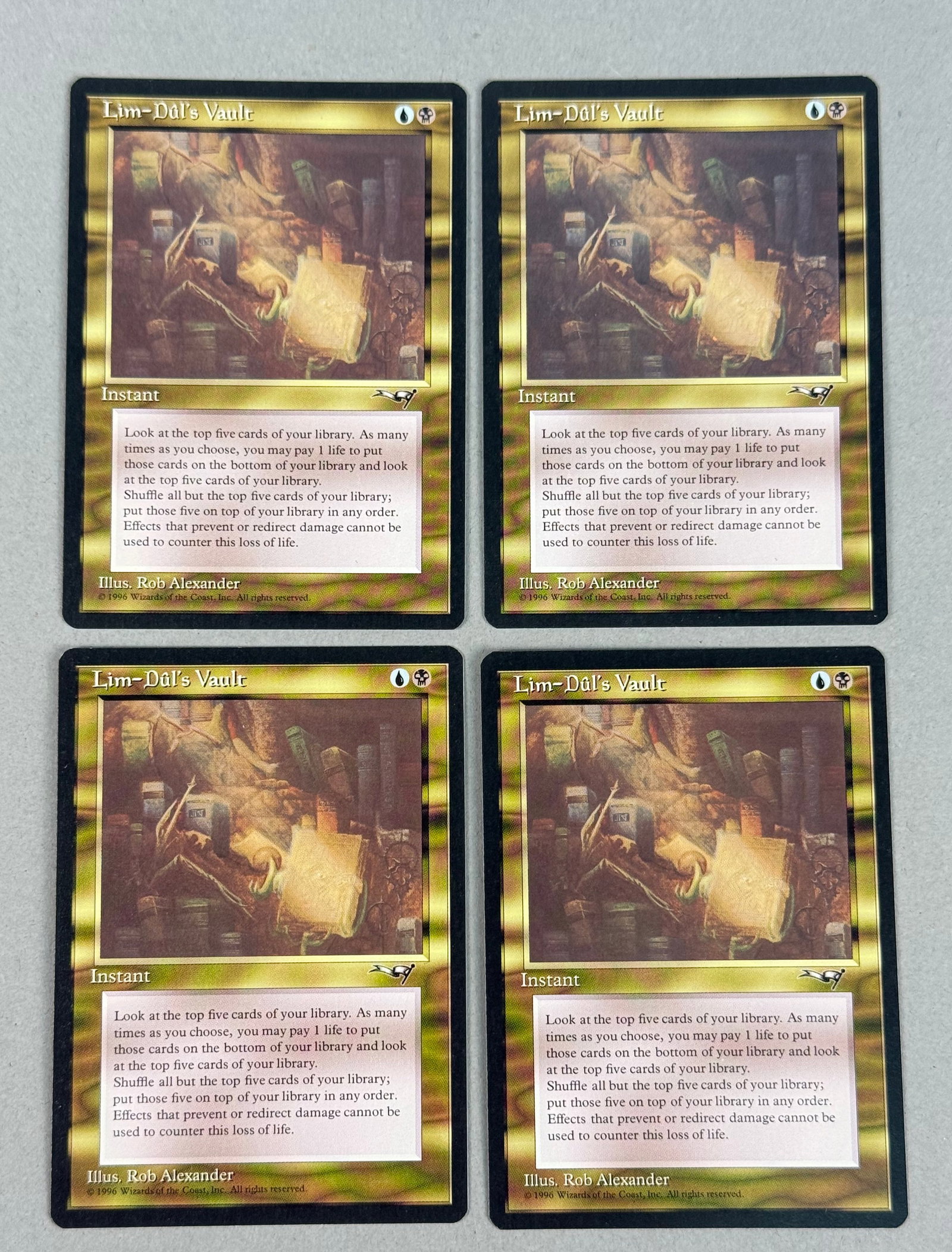 4 Magic: The Gathering Lim-Dul's Vault Alliances: A collection of four original Magic: The Gathering trading cards for the card Lim-Dul's Vault. These cards are from the Alliances expansion set, published in 1996 by Wizards of the Coast. Dimensions: