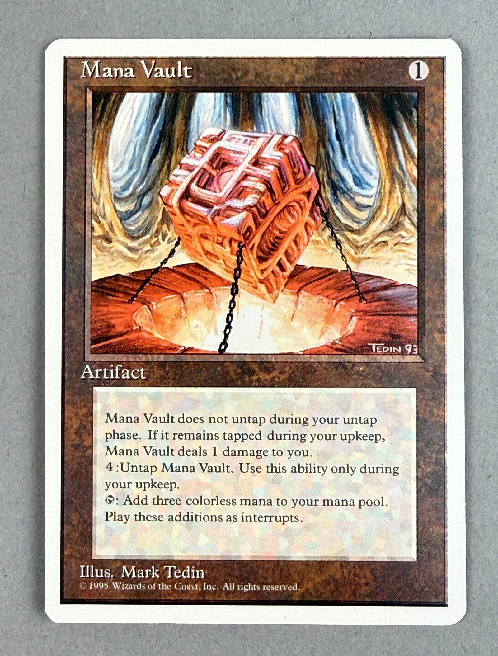 Magic The Gathering Mana Vault Fourth Edition: This is a single Magic: The Gathering trading card, Mana Vault, from the Fourth Edition core set released in 1995. text describes its specific gameplay mechanics for mana production and untap costs. T