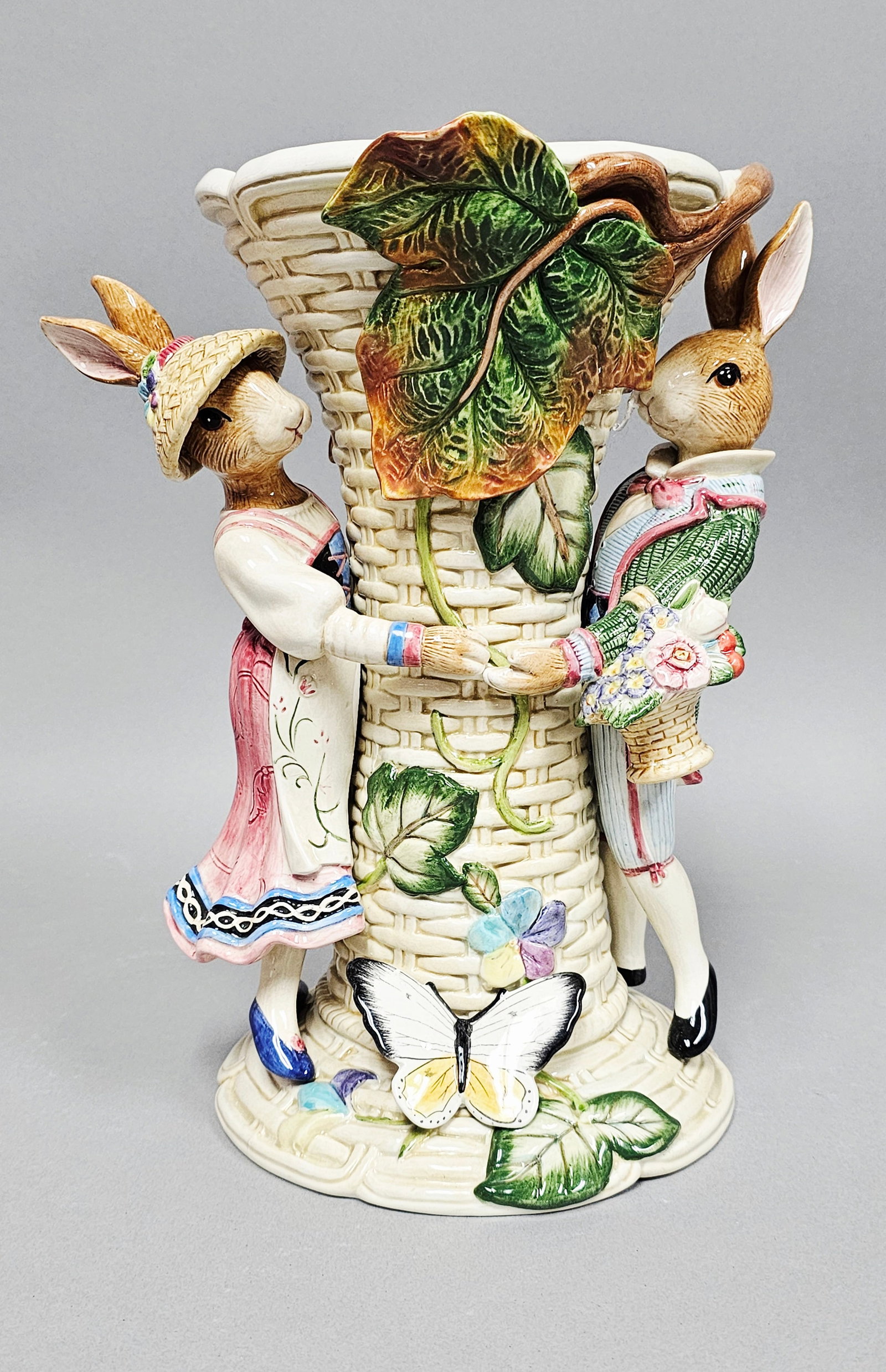 Fitz and Floyd Classics Old World Rabbit Couple Vase: A polychrome glazed earthenware vase from the Fitz and Floyd Classics collection, specifically identified as the Rabbit Couple Vase from the Old World Rabbit series. The vessel features a central