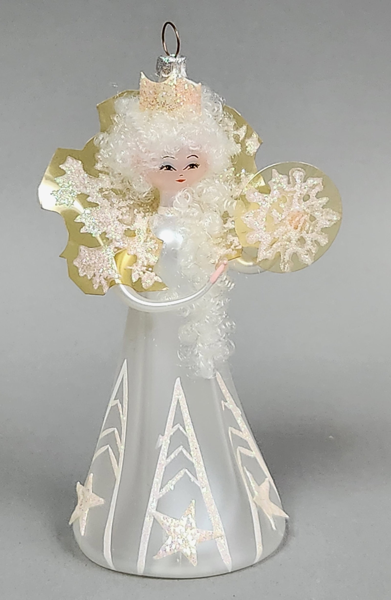 Frosted Glass Italian Angel Ornament: Stand not included. A vintage frosted glass Christmas ornament depicting a winter queen or angel with gold-toned snowflake accents and white curly hair, measuring approximately 6 inches tall. Very