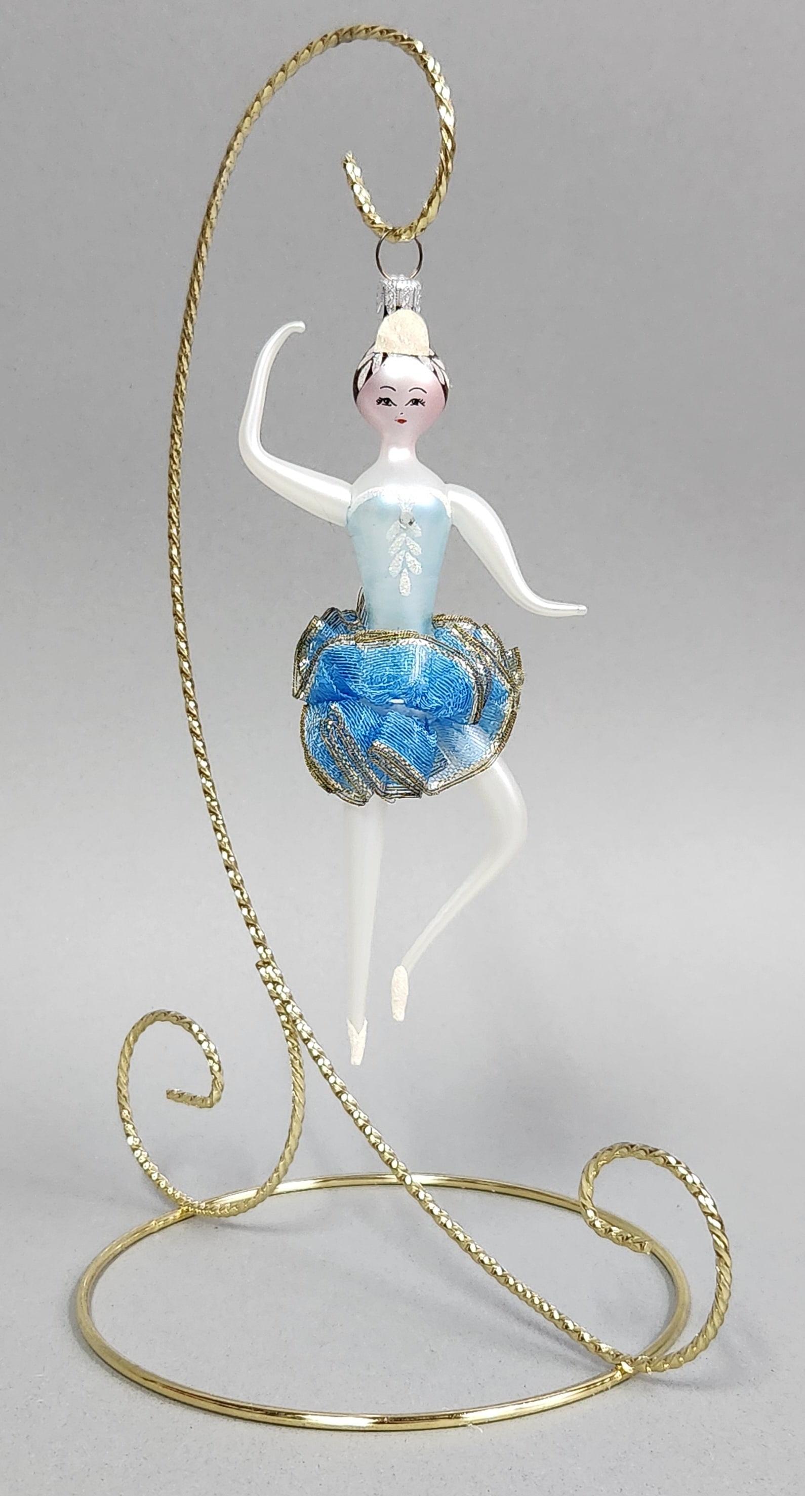 Italian Glass Blue Ballerina Ornament: Stand not included. A hand-painted Italian glass ballerina Christmas ornament measuring approximately 6.5 inches in total height. Very good condition.