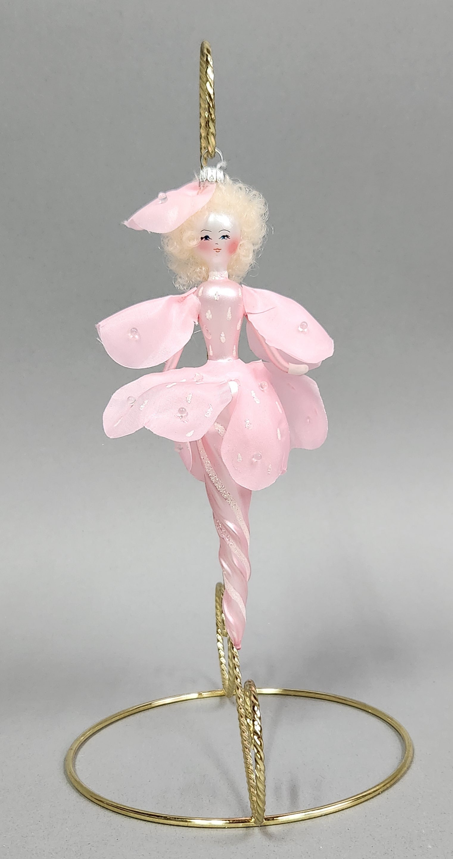Italian Pink Glass Fairy Ornament: Stand not included. An Italian hand-blown pink and white glass ballerina fairy ornament measuring approximately 8 inches in length. Very good condition.