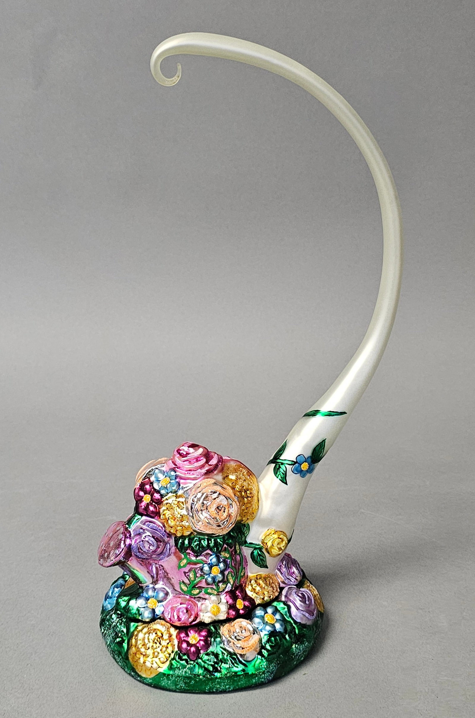 Radko Glass Blossom Bounty Ornament Stand: A 2002 Christopher Radko Blossom Bounty glass floral ornament stand. Measuring approximately 12 inches in height. Excellent condition.