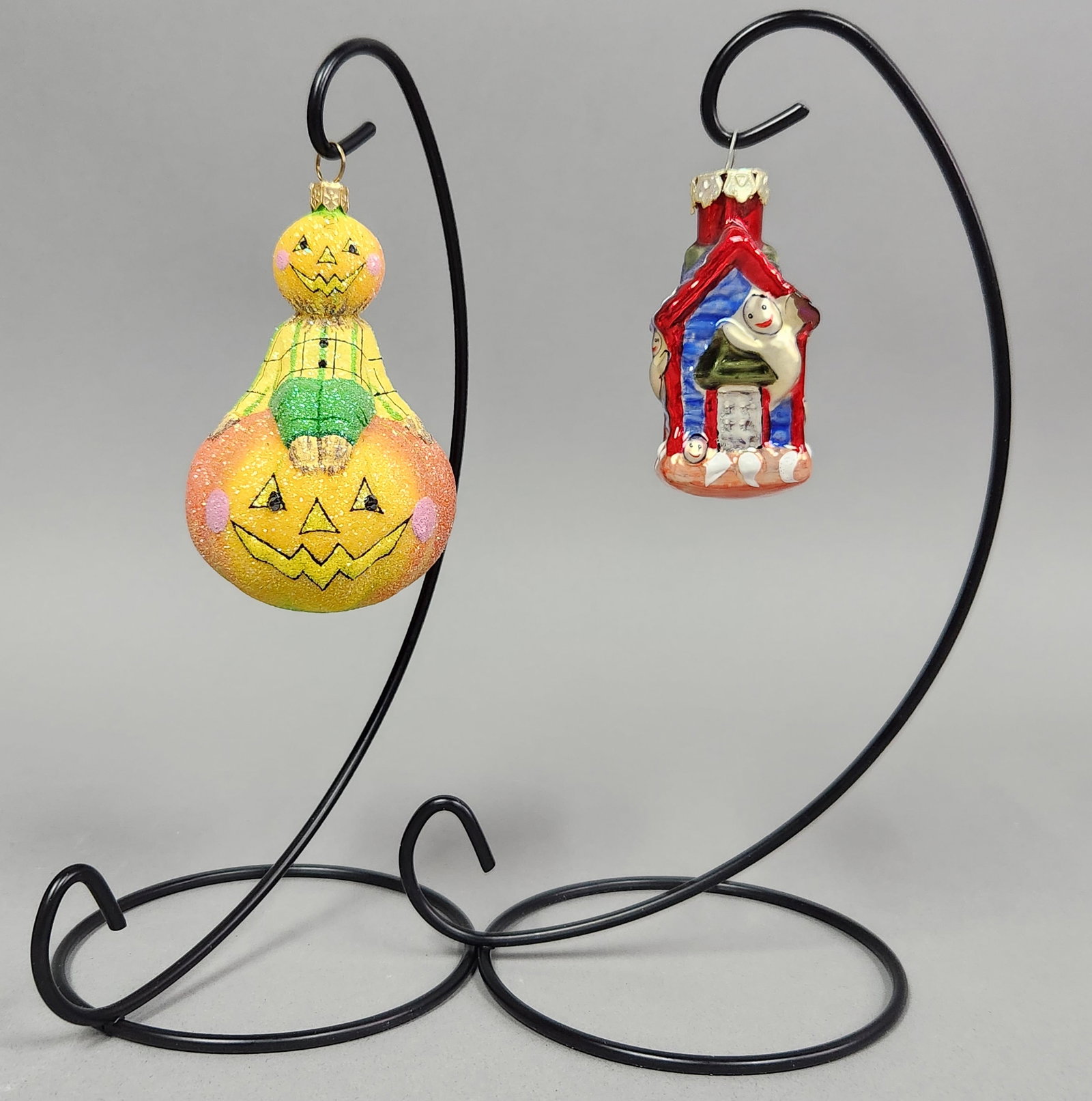 Breen Hob Goblins Mr. P & Haunted House: Stands not included. The first ornament is Patricia Breen "Hob Goblins Mr. P" glitter glass ornament. The second ornament is a glass haunted house, unmaked. Scarecrow ornament: 4.25 inches long