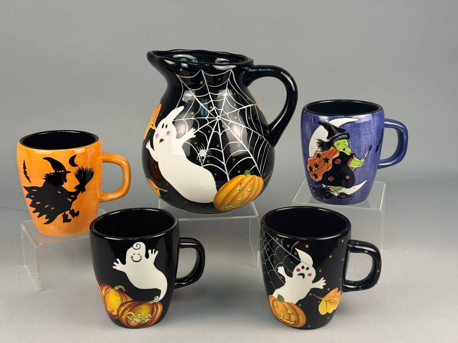 Five Laurie Gates Halloween Ceramic Pitcher and Mugs (1 of 10)