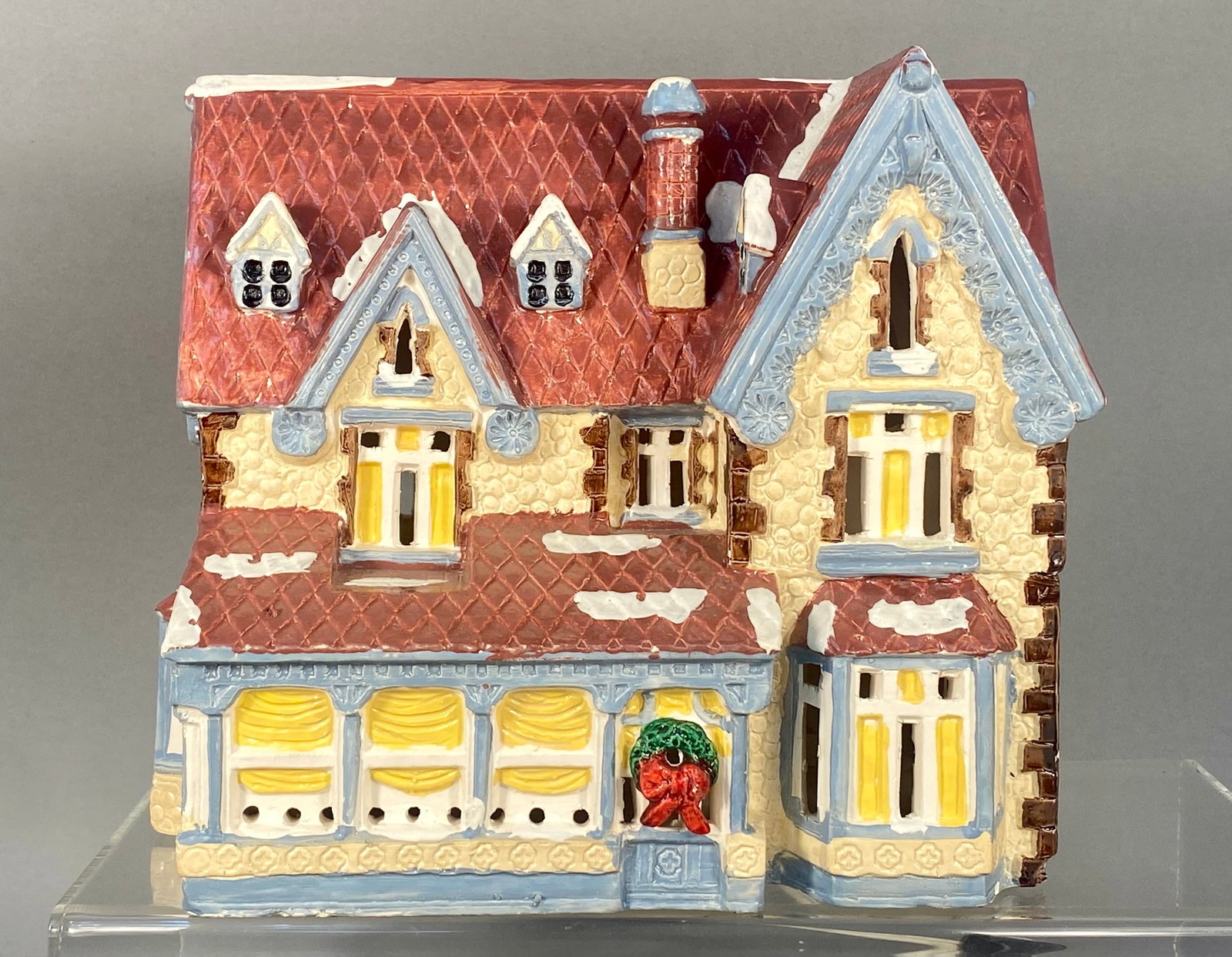 Department 56 Snow Village Series Chateau Lighted Ceramic Building: This is a lighted ceramic building in the Victorian chateau style, attributed to the Department 56 Original Snow Village series, model number 50849. The structure is composed of glazed ceramic and fea