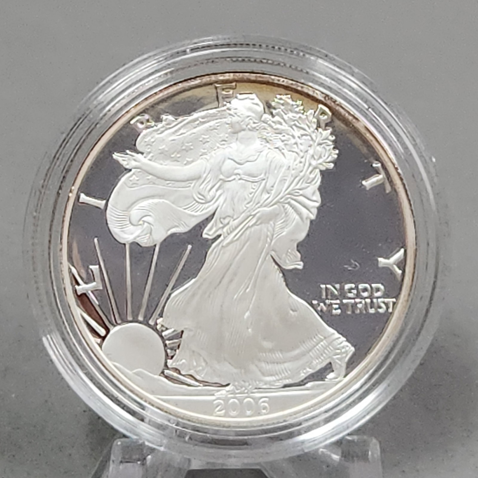 2006-W Eagle Silver Proof Coin 31 Grams: This 2006-W US American Eagle silver proof coin is struck in one troy ounce of .999 fine silver with a one-dollar denomination. The obverse features the Walking Liberty design, and the reverse display