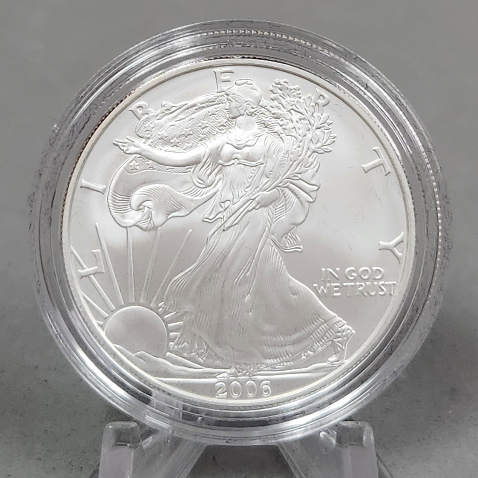 2006 American Eagle $1 Coin 31 Grams: 2006 US American Silver Eagle one-dollar denomination coin struck in .999 fine silver. A W mint mark is located on the reverse, identifying it as an uncirculated strike from the West Point Mint. Diame