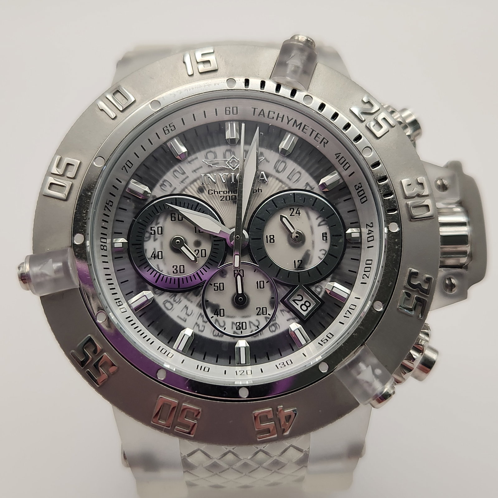 Invicta Subaqua Noma III Chronograph #24359: This Invicta Subaqua Noma III men's wristwatch, model 24359, features a quartz chronograph movement. The watch includes an oversized textured screw-down crown protected by a hinged guard, alongside tw
