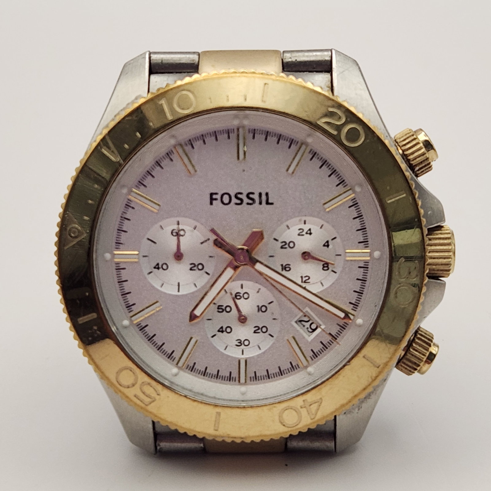 Fossil Retro Traveler Chronograph Watch #CH2850: A Fossil Retro Traveler Chronograph wristwatch, reference number CH2850. All Stainless Steel, 10 ATM, CH2850, and serial number 741301. Case diameter: 45 mm.