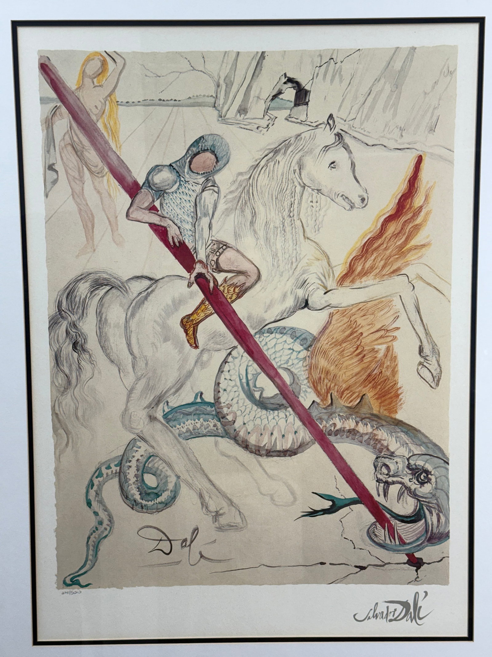Salvador Dali St. George and the Dragon Lithograph: This limited edition lithograph, titled St. George and the Dragon, is after the original work by Salvador Dali. The print is hand-numbered 214/500 in pencil in the lower left margin. It bears two facs