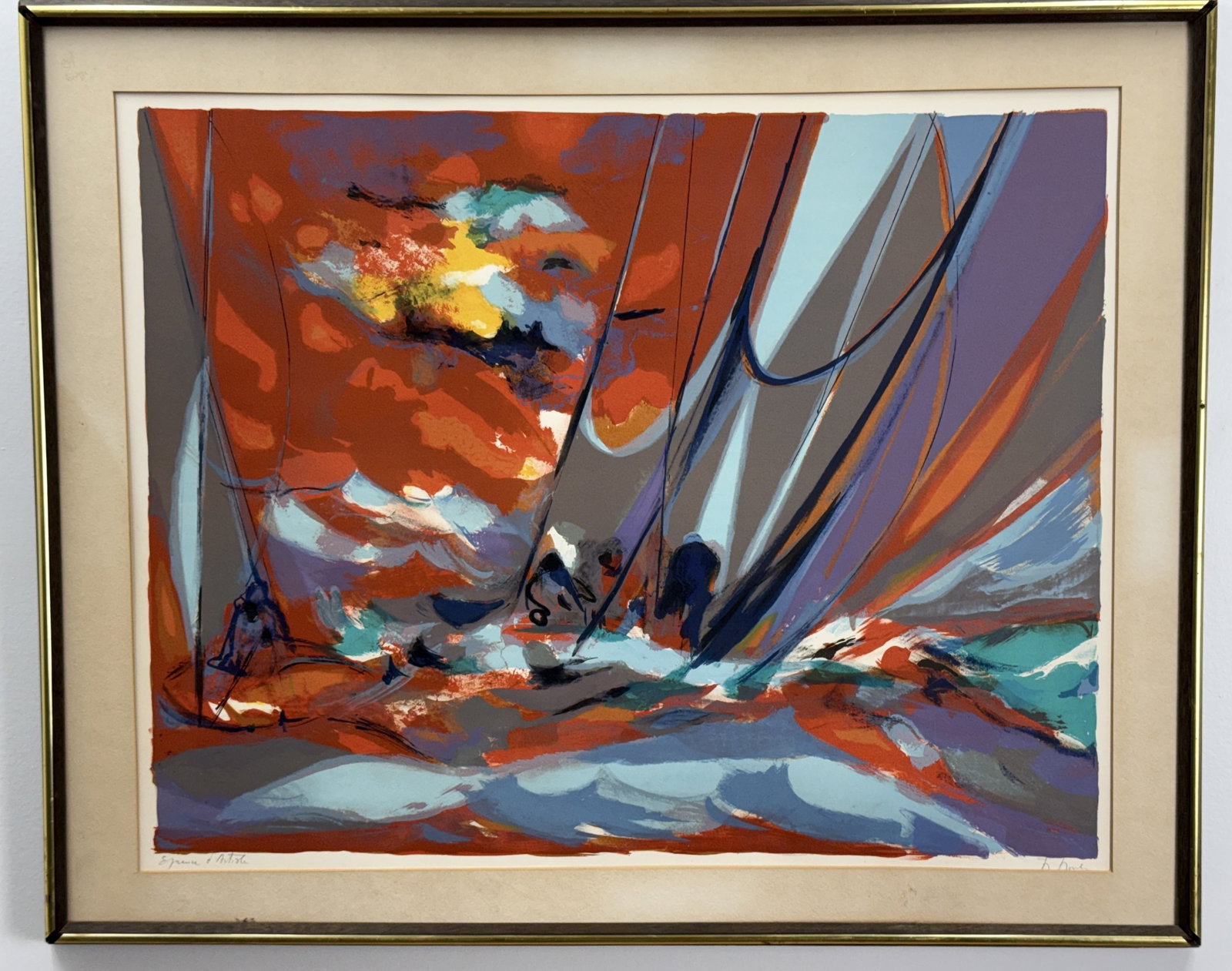 Marcel Mouly Signed Artist Proof Color Lithograph: This original color lithograph by Marcel Mouly (French, 1918-2008) depicts an abstracted nautical scene of sailboats racing. The print is inscribed Epreuve d'Artiste (Artist's Proof) in pencil in the 