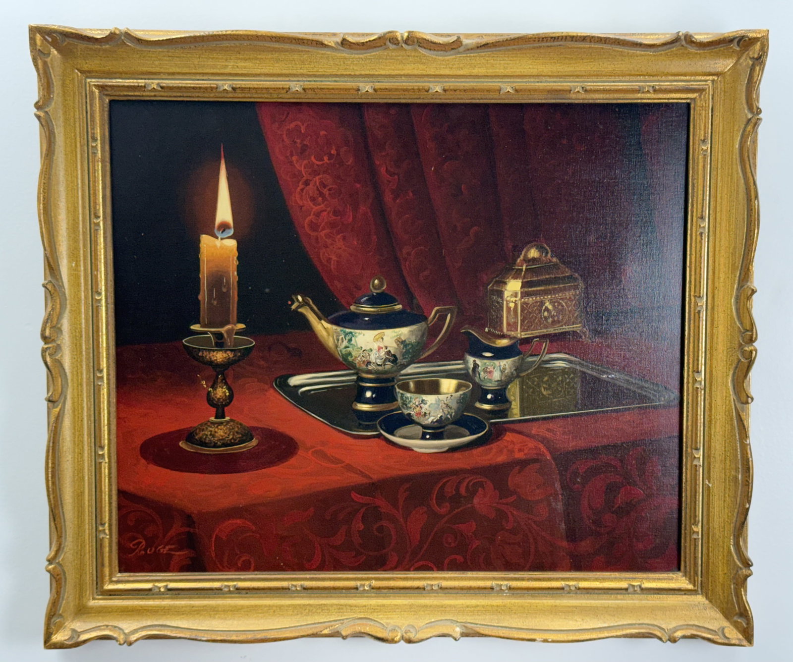Ruge, Still Life Porcelain Tea Service & Candle: This oil on canvas still life is signed Ruge in cursive script in the lower left corner. The verso shows the canvas on a wooden stretcher with keys, a paper tag marked 35793 / 1, and handwritten marki