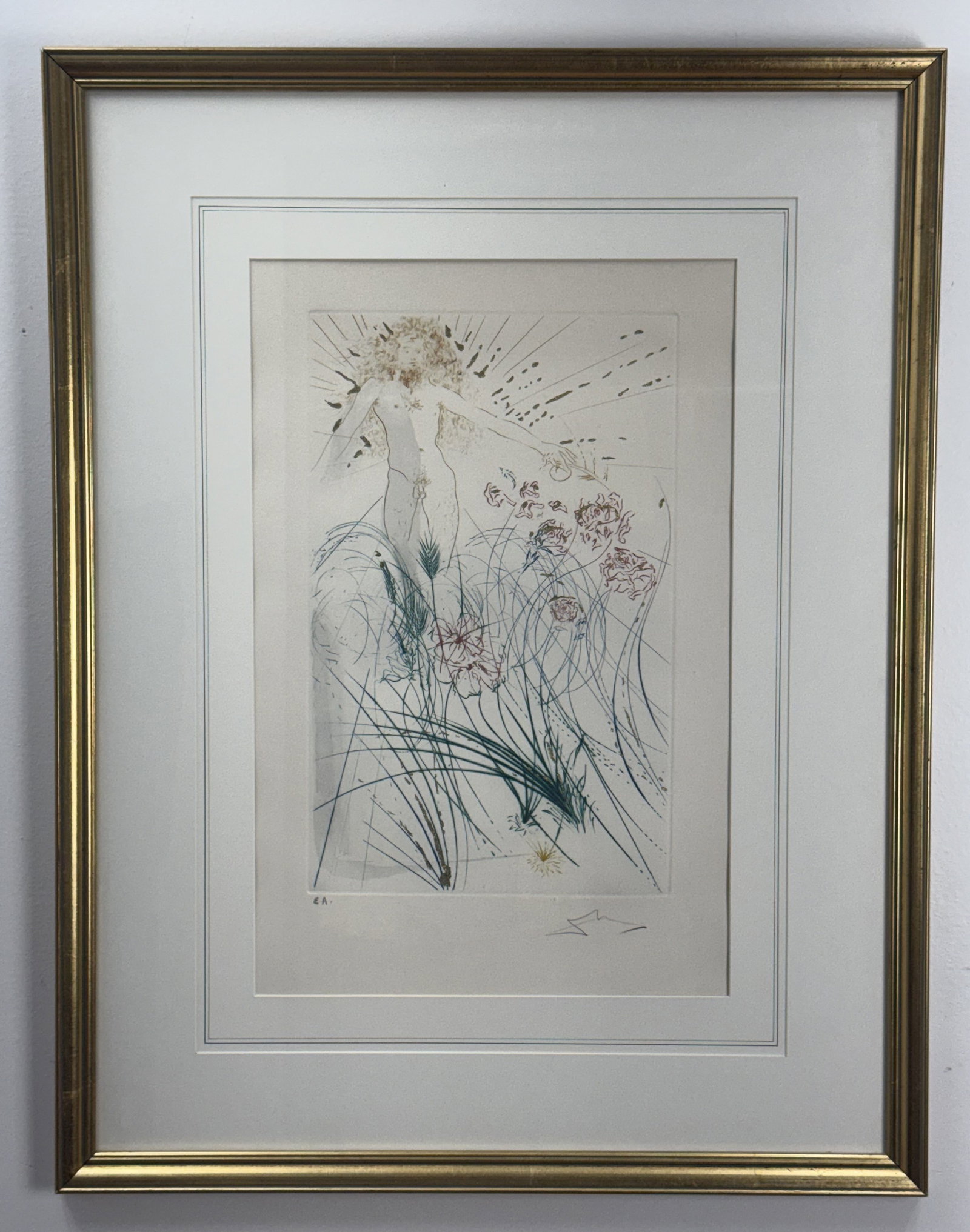 Salvador Dali I Am My Beloved Artist Proof Etching: This intaglio print by Salvador Dali is an etching with drypoint, pochoir color, and hand-applied gold flake highlights from the 1971 suite Song of Songs of Solomon. The composition depicts a central 