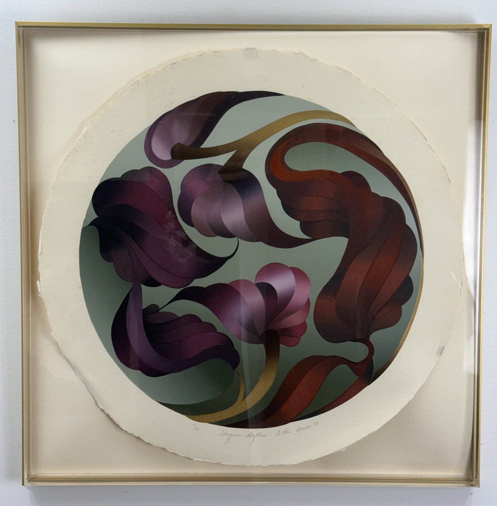 Bobbie Ameen, Sanguine Rythum, 1986 Silkscreen Print: Bobbie Ameen (American, 20th Century). An original silkscreen print titled Sanguine Rythum, dated 1986. The piece is hand-numbered 11/12 in pencil in the lower left margin, titled Sanguine Rythum in t