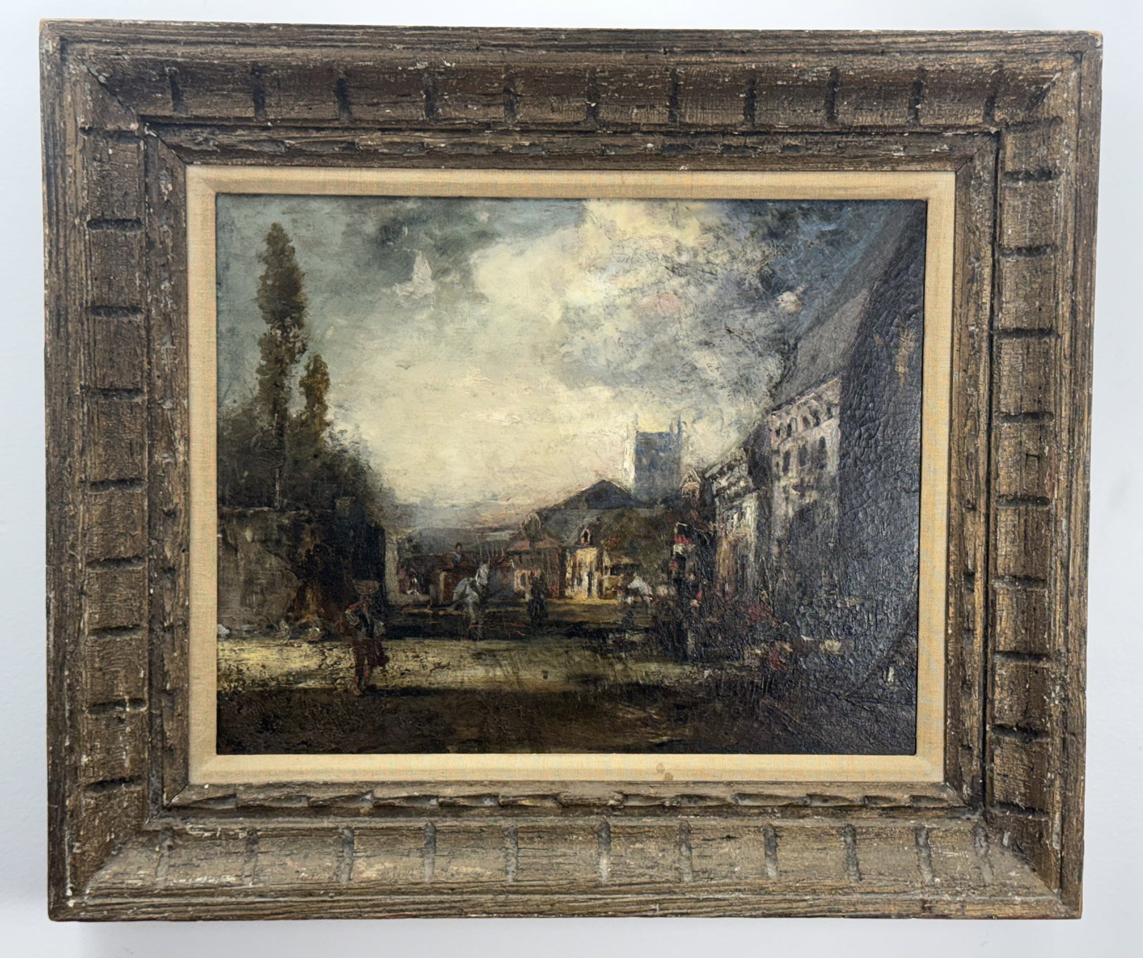 Continental School, Late 19th Century, Town Square Scene: This oil painting on canvas depicts an atmospheric town square or village street scene, likely executed in a late 19th-century style. No signature is visible on the face of the artwork. The painting i