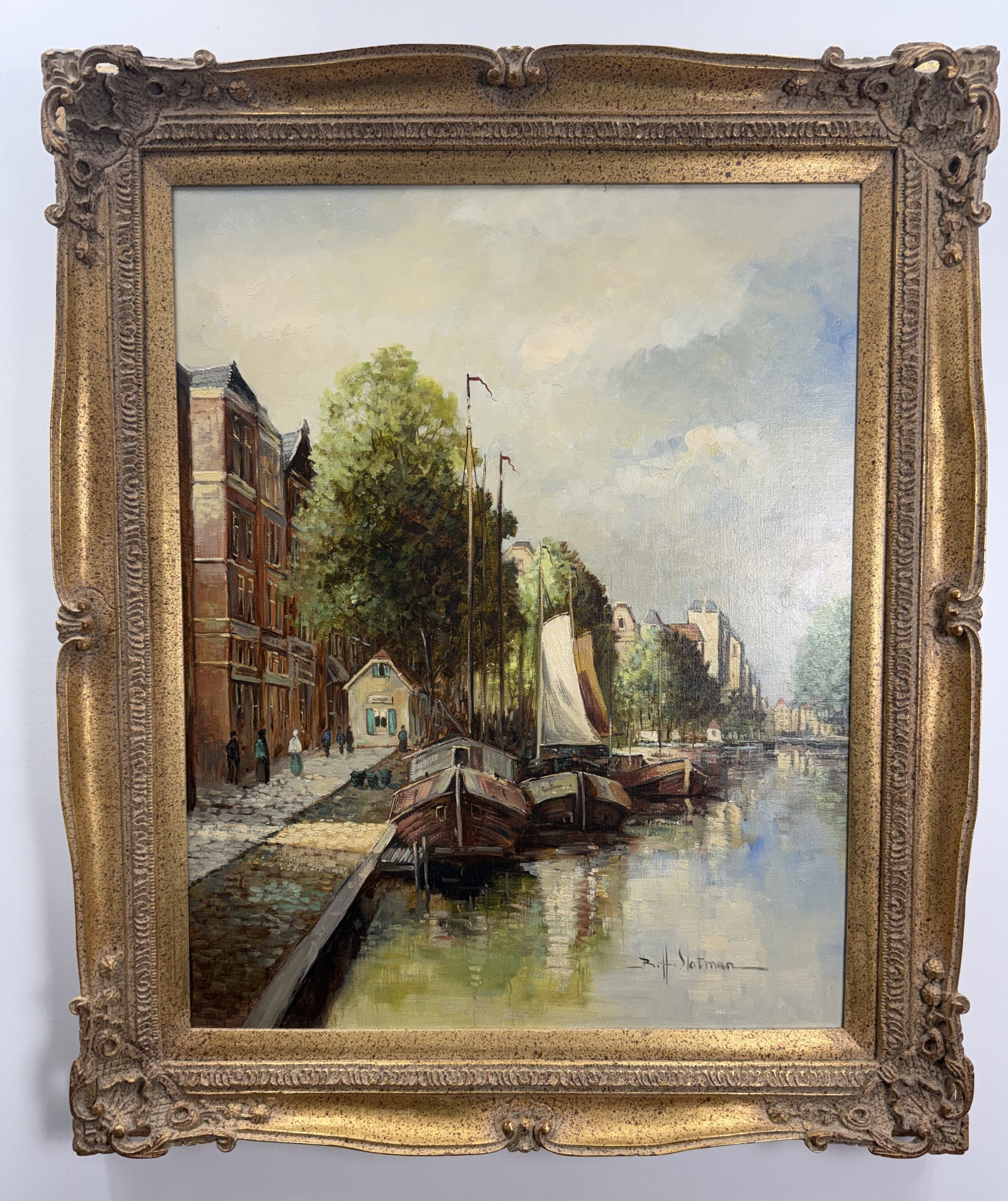 Bernard Hendrik Slotman Canal Scene Oil on Canvas: This oil painting on canvas by Bernard Hendrik Slotman (Dutch, b. 1936) depicts a traditional Dutch canal scene. The painting is signed B. H. Slotman in the lower right corner. The canvas is mounted o
