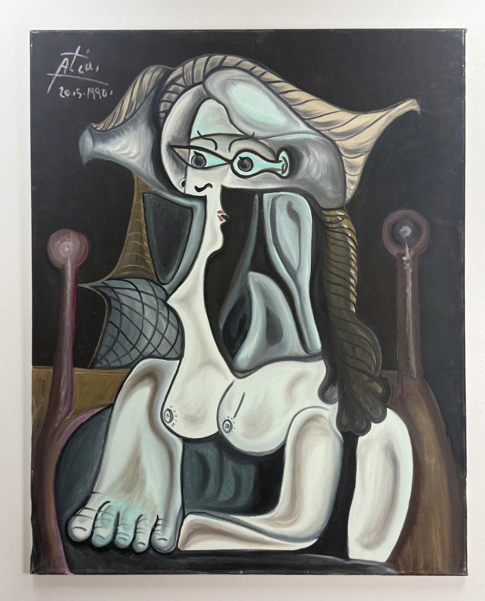 Hassan Atia Untitled, Oil or Acrylic on Canvas, 1990: This large-scale oil or acrylic on stretched canvas presents a stylized female portrait heavily influenced by the late-period aesthetics of Pablo Picasso. The composition features a distorted female f