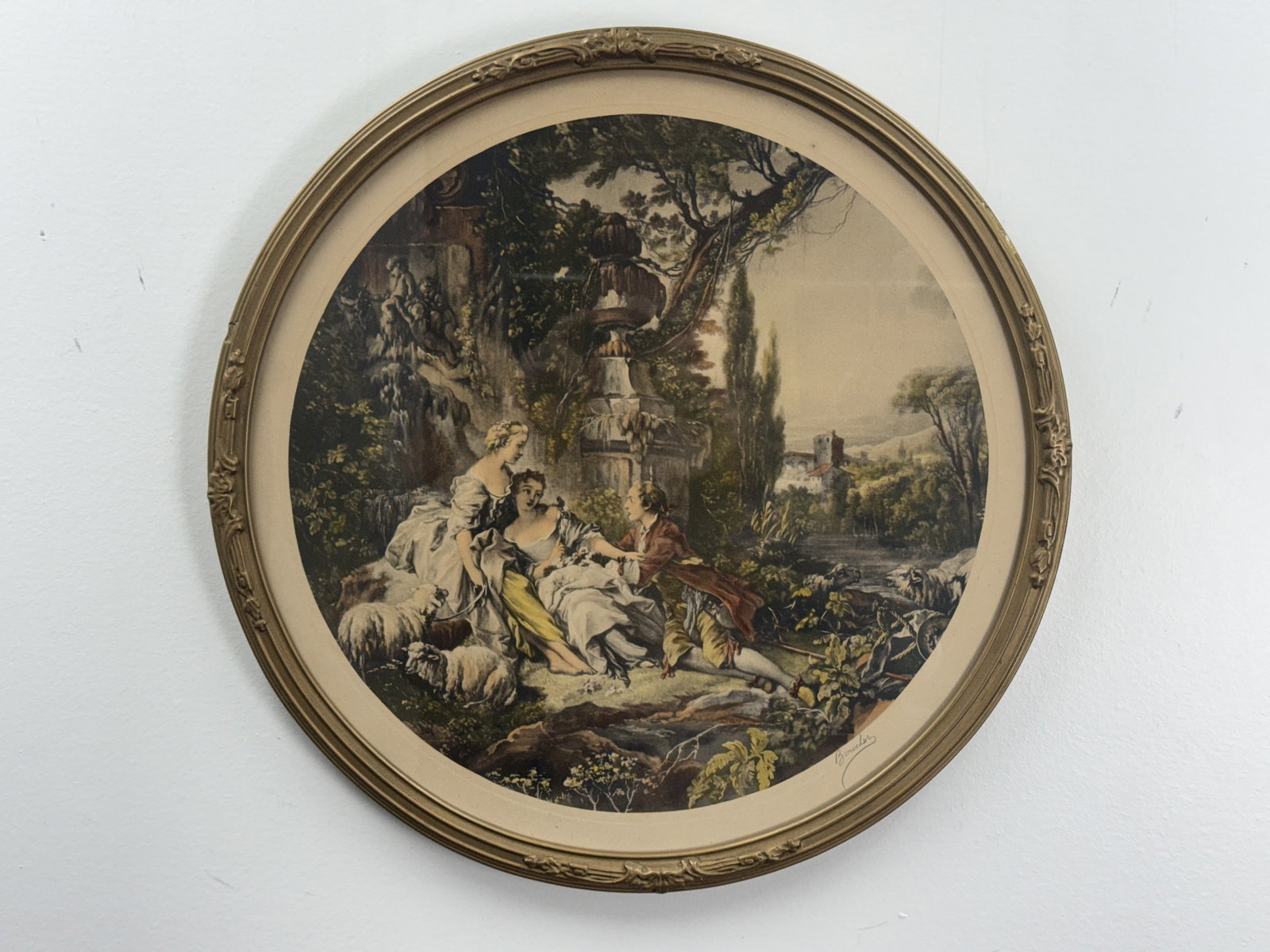 Fran?§ois Boucher, Shepherd & Shepherdess, Color Print: A circular color print after a painting by Francois Boucher (1703-1770), depicting a pastoral scene with two young women and a man in 18th-century attire. The print is signed Boucher in cursive in the