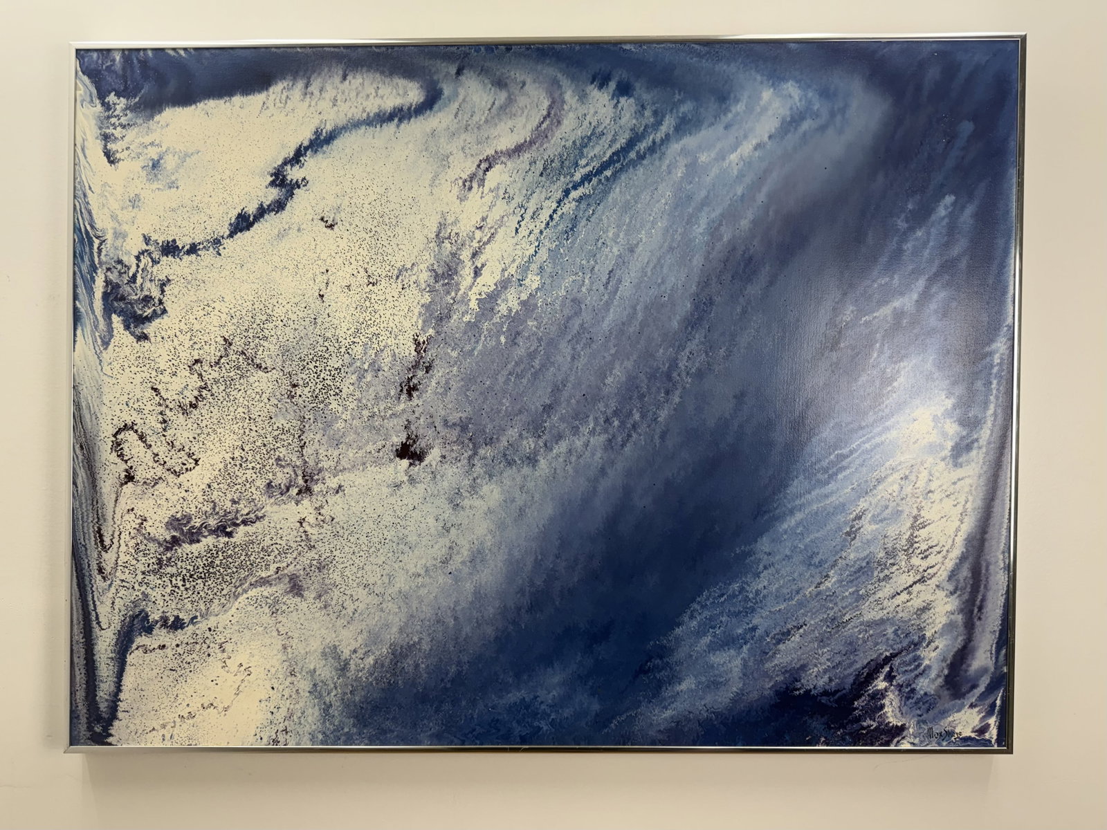 Max Shaye Rhapsody in Blue 1979 Abstract Acrylic on Canvas: An original abstract acrylic painting on stretched canvas by Detroit-area artist Max Shaye (1911-2004), titled Rhapsody in Blue and dated 1979. The work is signed Max Shaye in the lower right corner. 