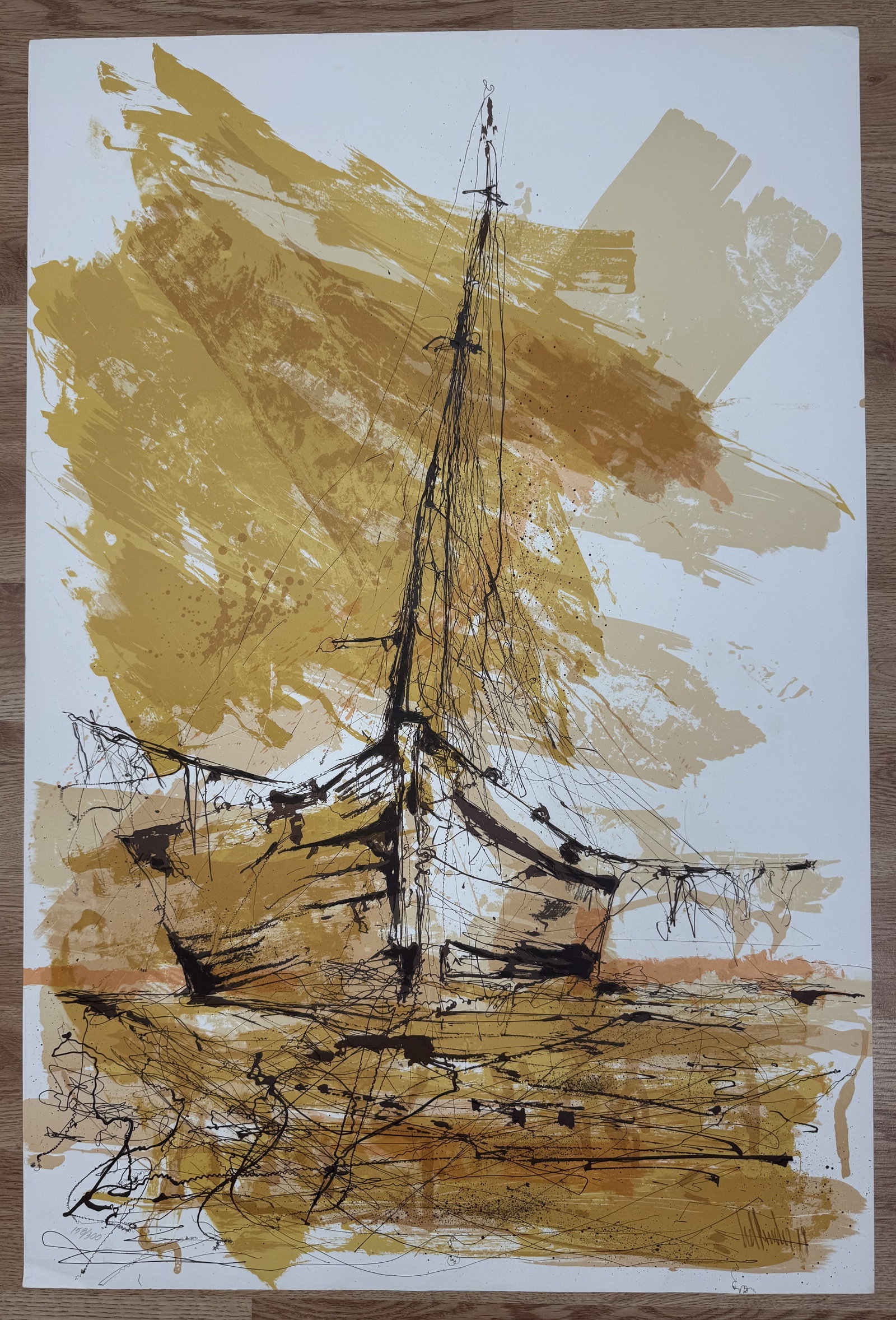 Attributed to V. Mendes, Modernist Abstract Composition of a Sailing Vessel: This color serigraph on heavy white wove paper features an expressionistic, abstracted depiction of a sailboat or ship hull with a tall mast and intricate rigging, rendered in a gestural, scribble sty