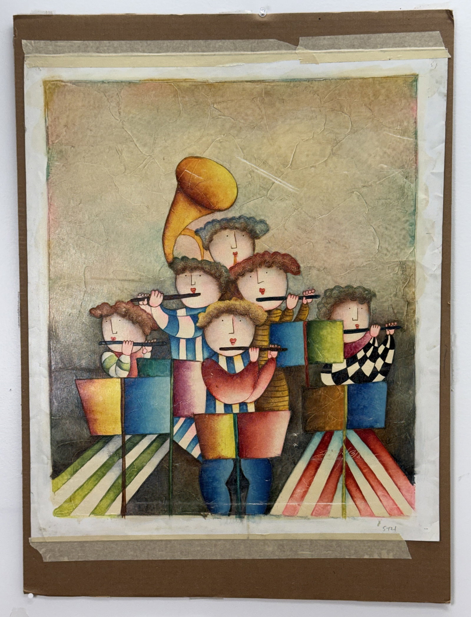 Joyce Roybal, Musicians, Mixed Media on Canvas: This mixed media work on heavily textured canvas is by Joyce Roybal and depicts a stylized ensemble of six musicians. The work is signed in cursive in the lower center of the composition, and the nota