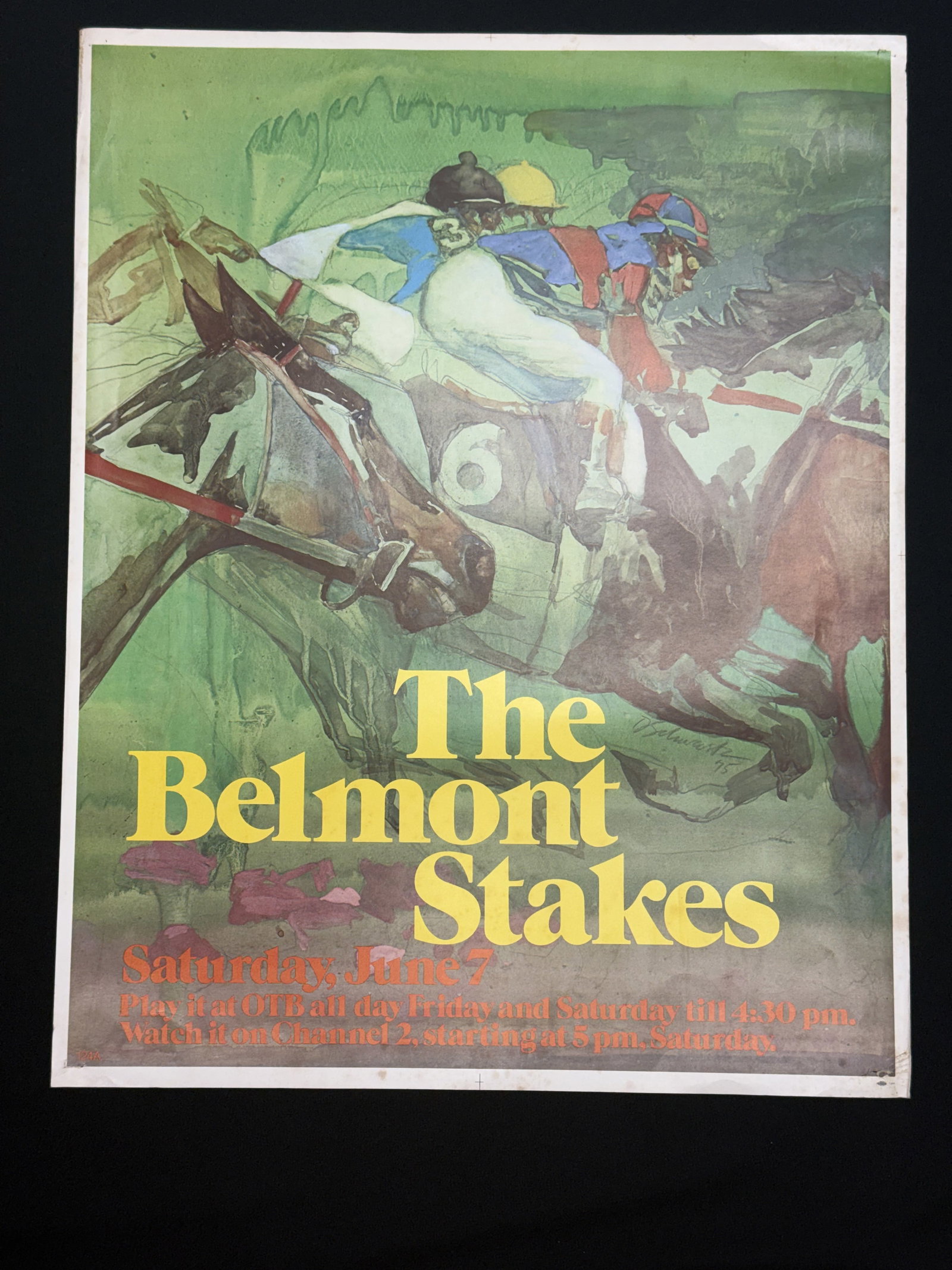 1975 Belmont Stakes Promotional Poster: This is an original vintage promotional poster for the 1975 Belmont Stakes, featuring artwork by American illustrator Daniel Schwartz. The printed signature Schwartz '75 is located in the lower right 