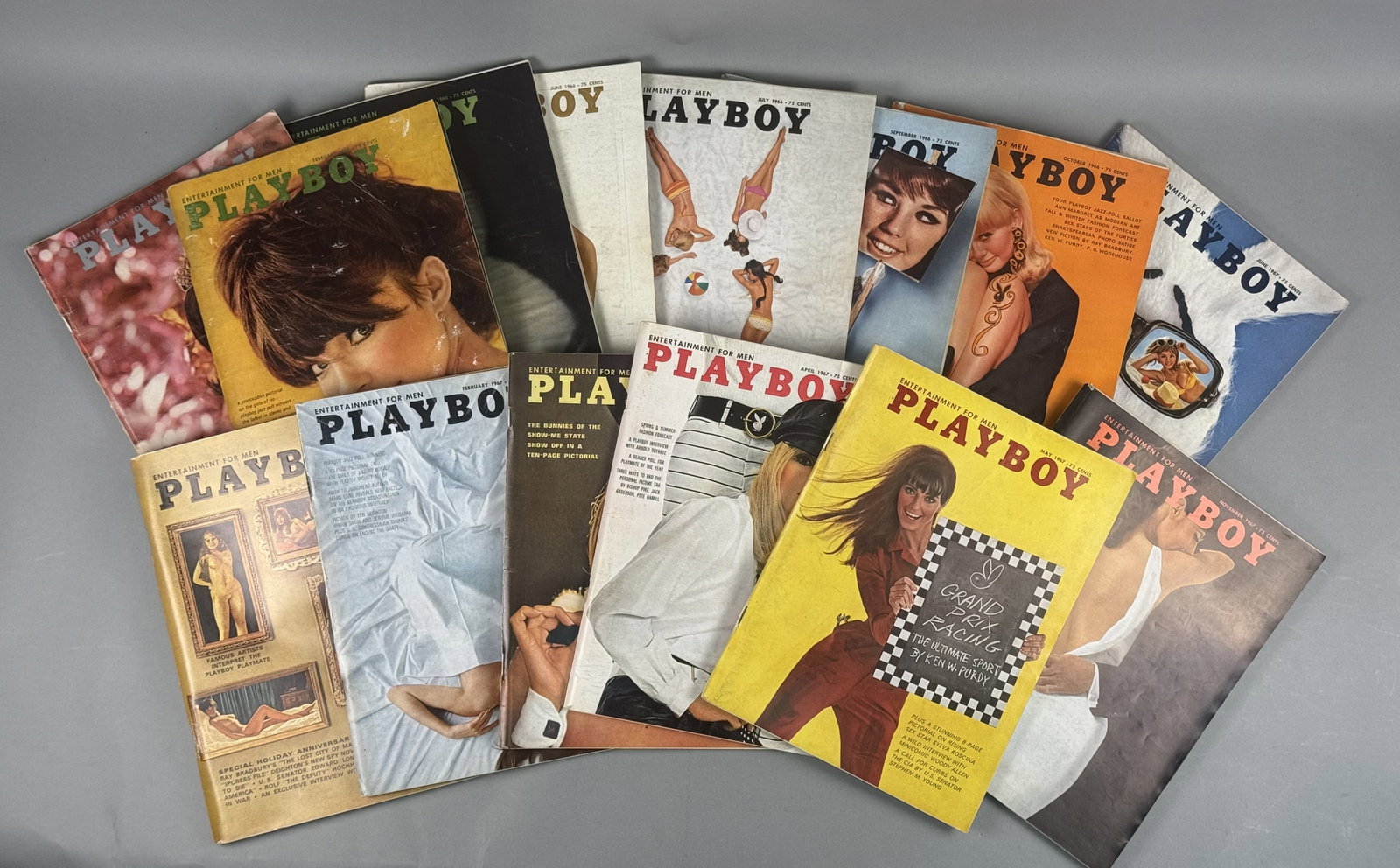 Collection of 14 Playboy Magazines, 1966-1967: These vintage periodicals are staple-bound and date from the years 1966 and 1967. The issues included are February, May, June, July, September, and October of 1966, and January, March, April, May, Jun