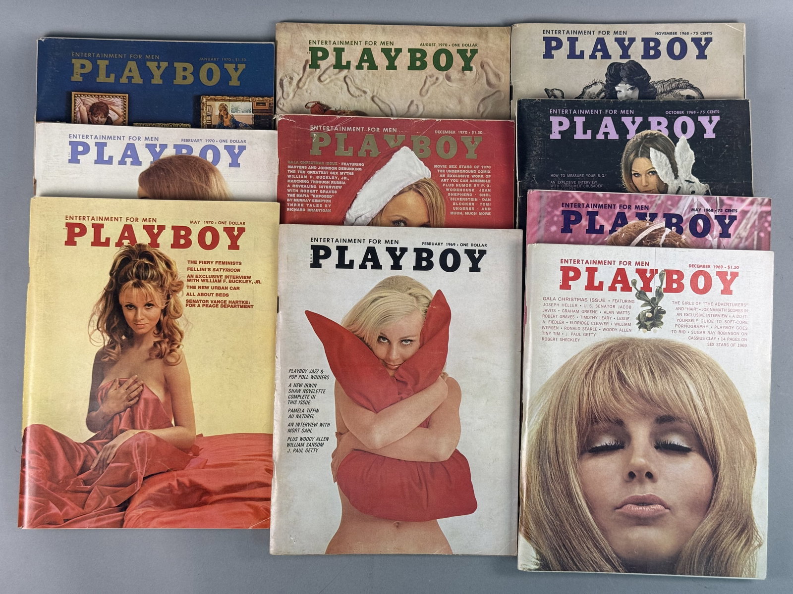 Ten Vintage Playboy Magazines, 1968-1970: This lot comprises ten vintage issues of Playboy magazine published by HMH Publishing Co., Inc. between May 1968 and December 1970. Individual magazines: 8.5 inches by 11 inches Total stack thickness: