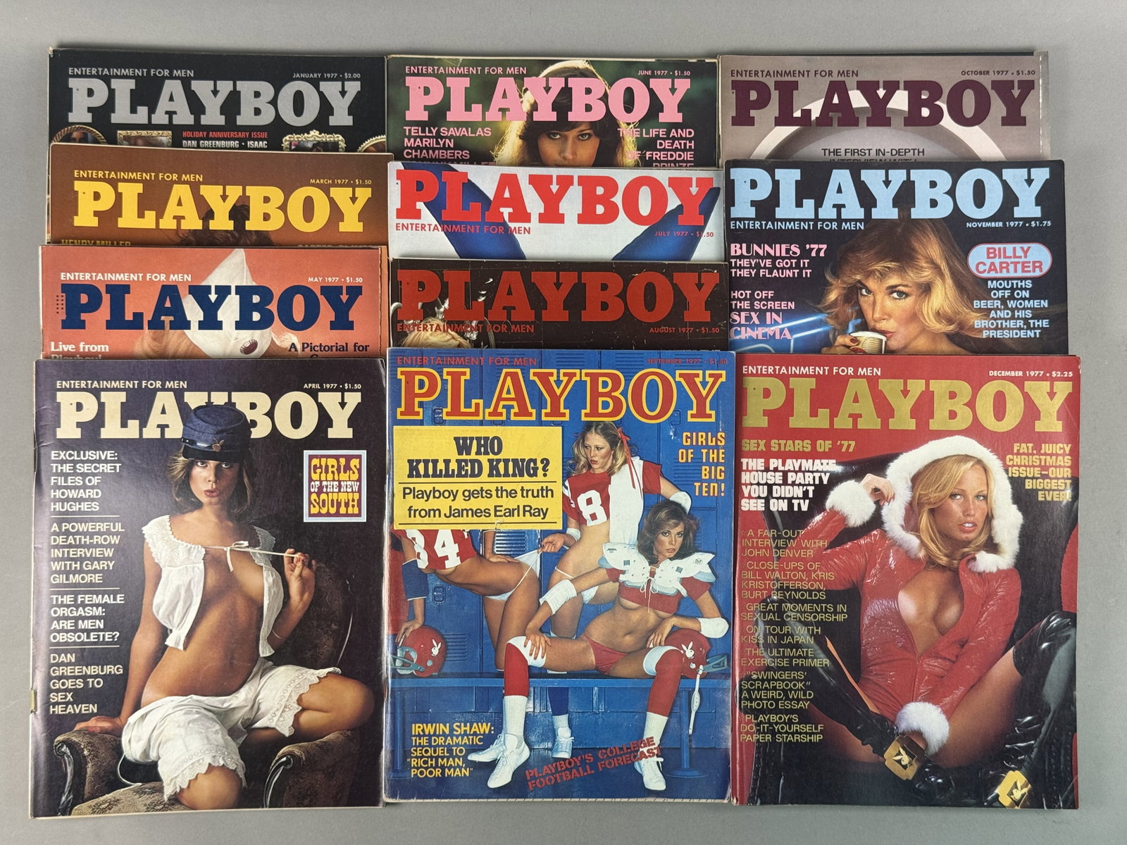 Eleven Vintage Playboy Magazines 1977: A collection of eleven monthly issues of Playboy magazine dating from the calendar year 1977. Each monthly issue with the exception of february. Individual magazines: 11 inches (H) x 8.25 inches (W) T
