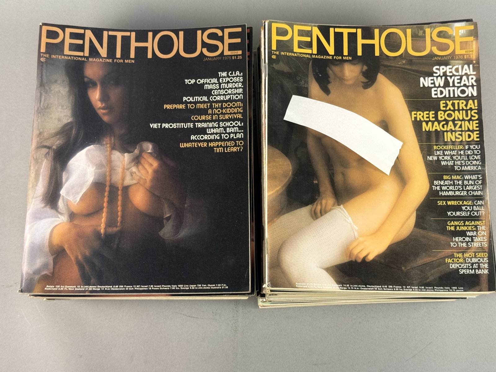 24 Vintage Penthouse Magazines, Complete Years 1975-1976: This lot consists of twenty-four issues of Penthouse: The International Magazine for Men, comprising the full monthly publication runs for the calendar years 1975 and 1976. Dimensions: 8.5 inches W x 