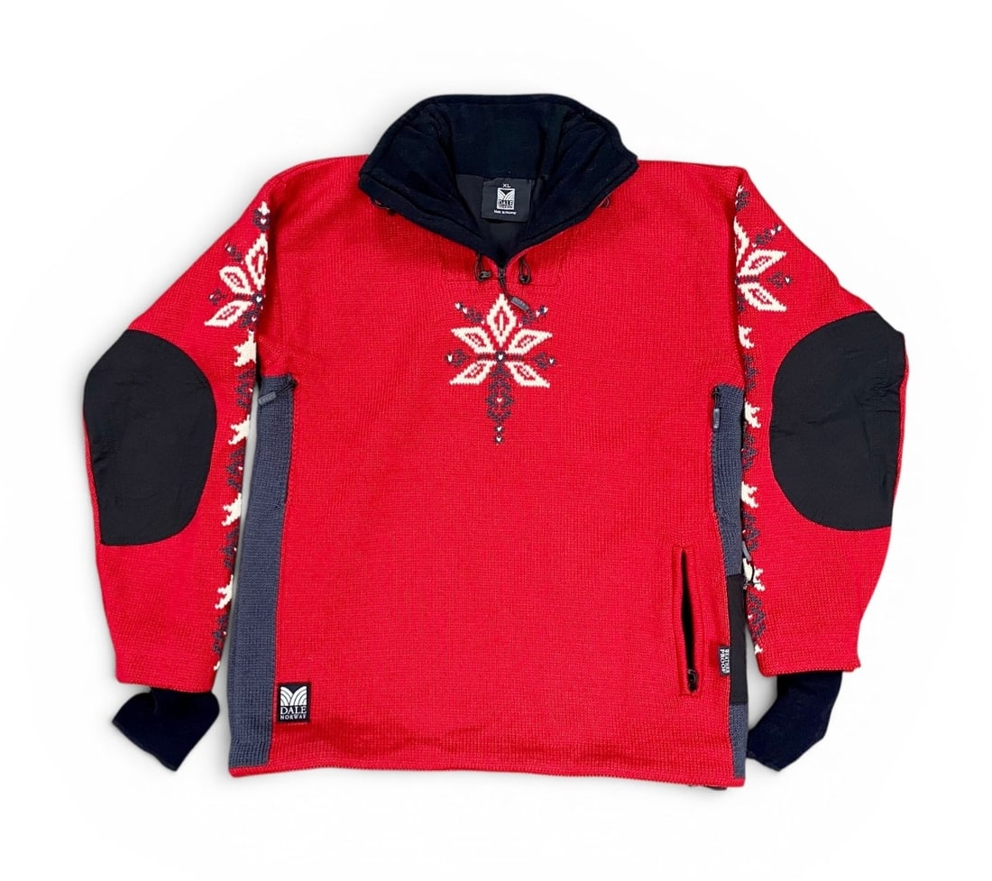 Dale of Norway Women's Red Wool Quarter Zip Sweater Size XL: This is a professional-grade technical quarter-zip pullover sweater manufactured by Dale of Norway. The garment is constructed from a heavy-gauge red wool knit designed for high performance in cold co