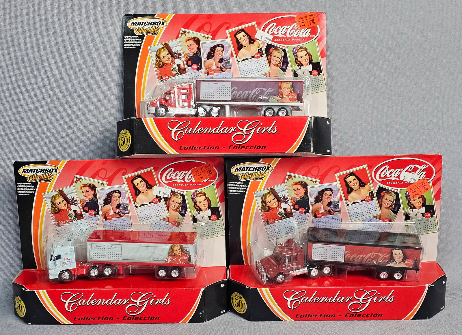 Matchbox Collectibles Coca-Cola Semi-Trailer Trucks: Matchbox Collectibles Coca-Cola Calendar Girls Collection semi-trailer trucks. This group consists of three distinct models from a series of six produced by Mattel, each featuring vintage-style 1947 C