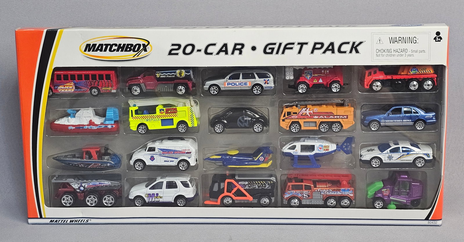 Matchbox Hero City 20-Car Gift Pack: Matchbox 20-car gift pack from the Hero City series, manufactured by Mattel. This set features an assortment of 20 vehicles constructed from die-cast metal with plastic chassis and accessory parts. Ea