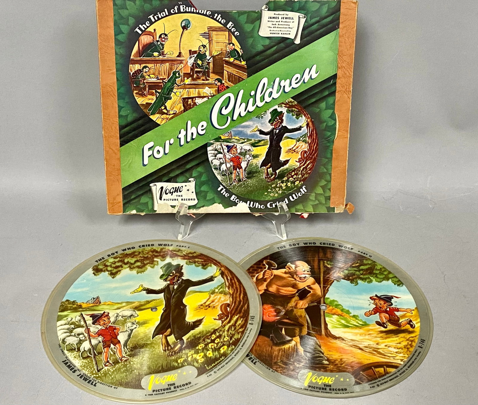 Vogue Picture Records & Album Jacket, For the Children: This lot consists of a vintage children's picture record set titled For the Children, released as part of the Vogue series by Sav-Way Industries of Detroit, Michigan, circa 1946-1947. The set includes