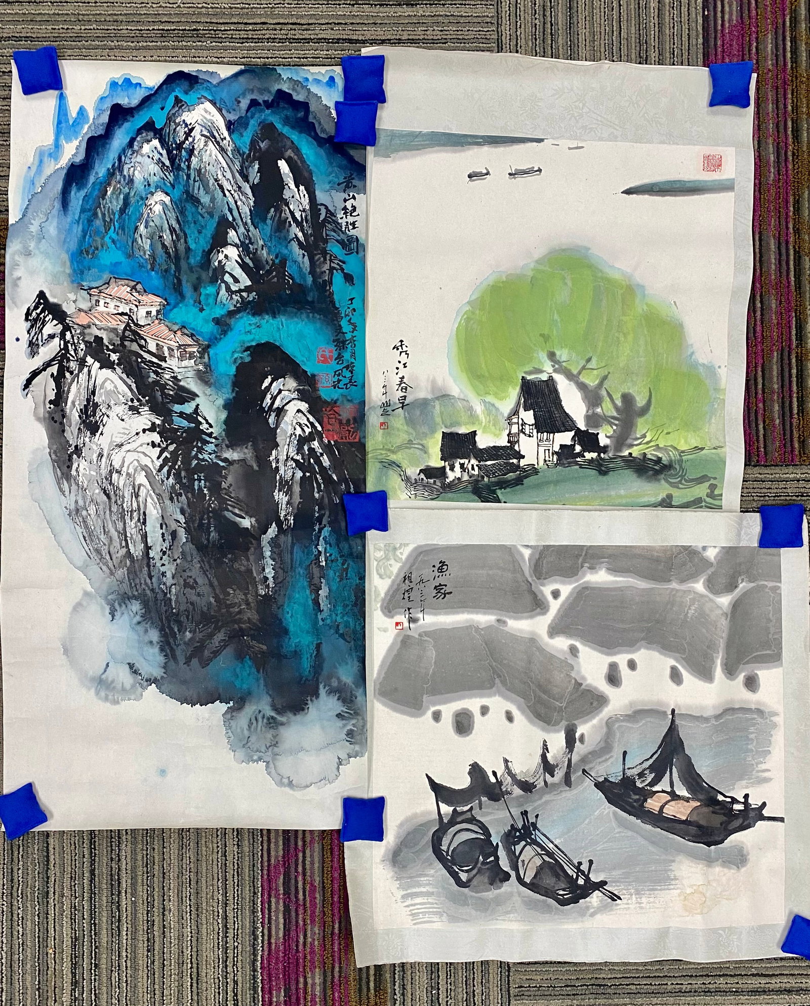 3 Chinese Ink and Color Landscape Paintings Attributed to Zu Huang: A group of three contemporary Chinese ink and color paintings on paper attributed to the artist Zu Huang (born 1937). The collection includes three distinct compositions demonstrating various traditio