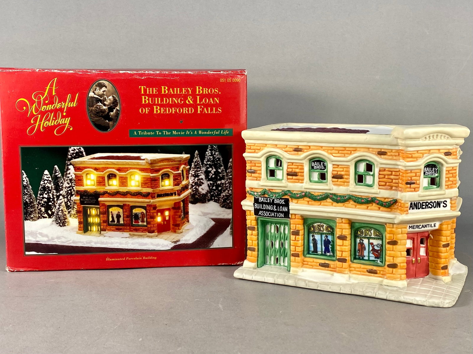 It's a Wonderful Life The Bailey Bros. Building & Loan Illuminated Building: This illuminated porcelain building is titled The Bailey Bros. Building & Loan of Bedford Falls, produced by DHC in 1996 as part of the A Wonderful Holiday Collection. The piece is designed as a