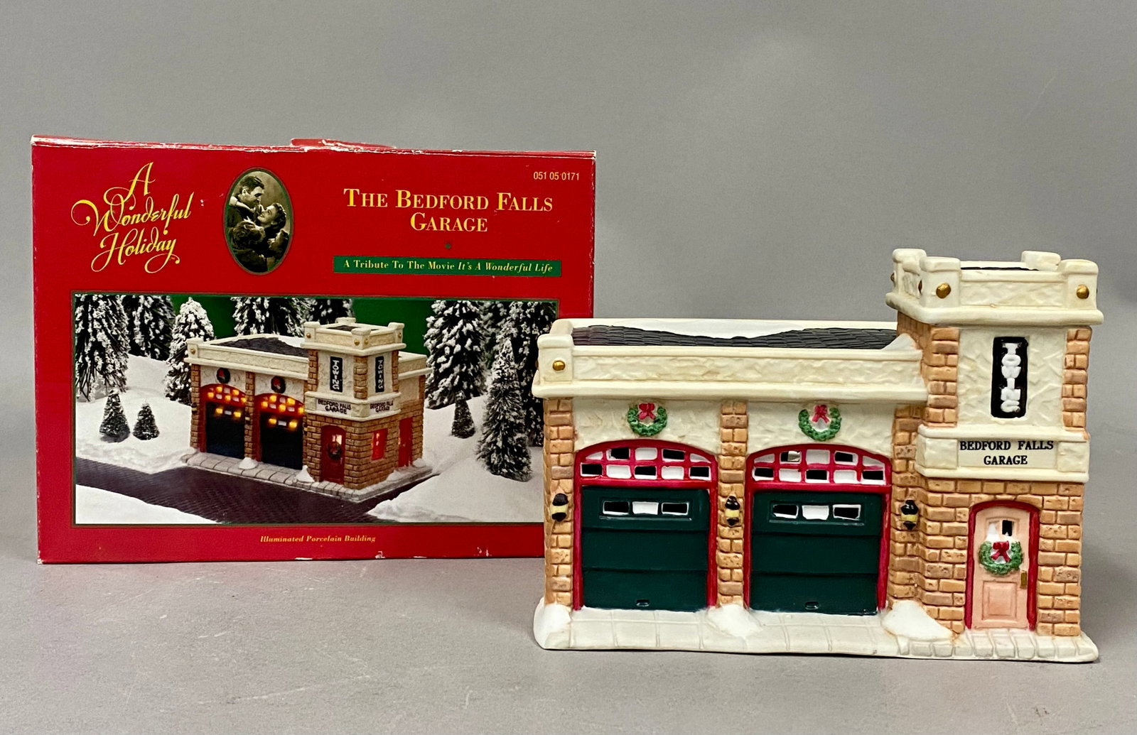 It's a Wonderful Life Illuminated Porcelain Bedford Falls Garage: A hand-painted illuminated porcelain building from the A Wonderful Holiday Collection titled The Bedford Falls Garage. This piece was produced as a tribute to the 1946 film It's a Wonderful Life. The