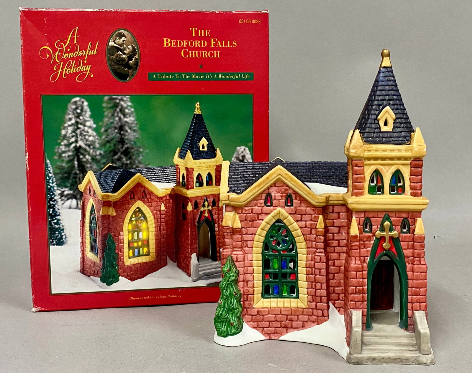 The Bedford Falls Church Illuminated Porcelain Miniature: This illuminated porcelain miniature building is titled The Bedford Falls Church, part of the A Wonderful Holiday Collection produced as a tribute to the 1946 film It's a Wonderful Life. The